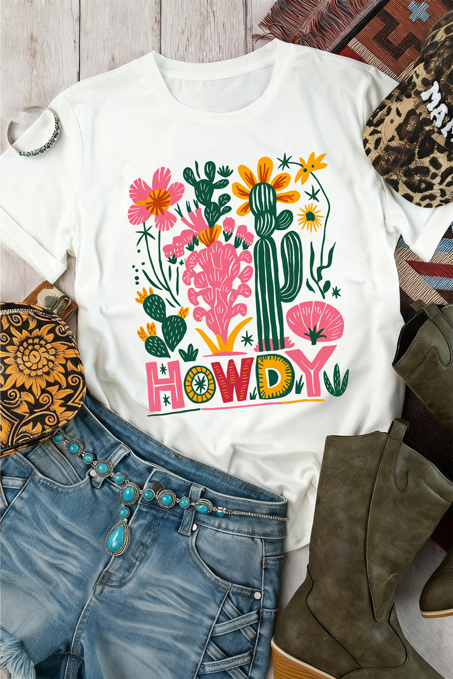 White HOWDY Cactus Flower Printed Cowgirl Fashion Tee