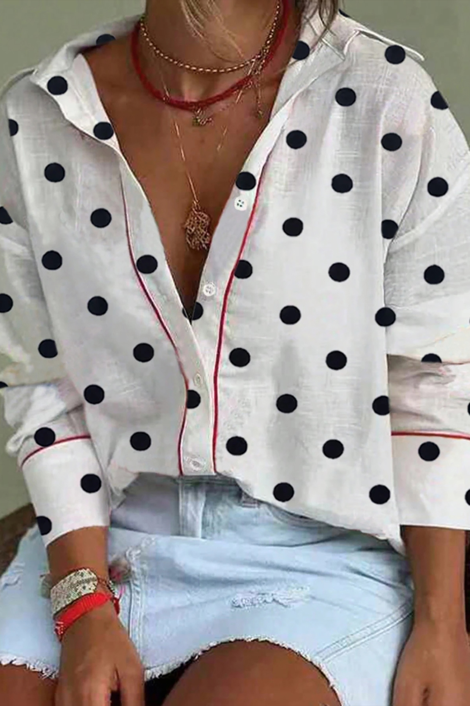 White Polka Dot Print Contrast Piping Elegant Shirt