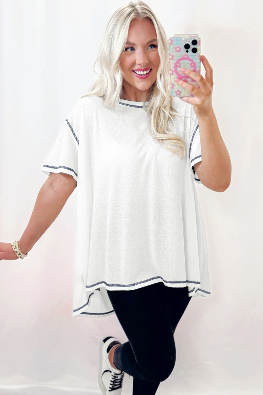White Contrast Exposed Stitching Relaxed Fit T Shirt