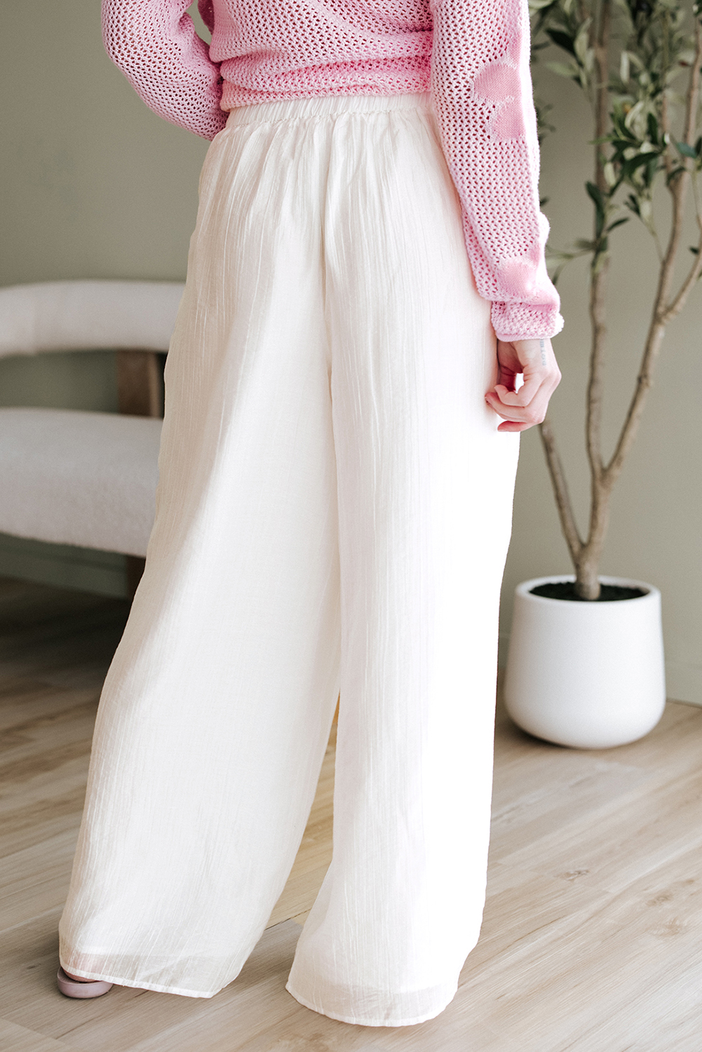White Solid Drop Waist Pleated Wide Leg Casual Pants