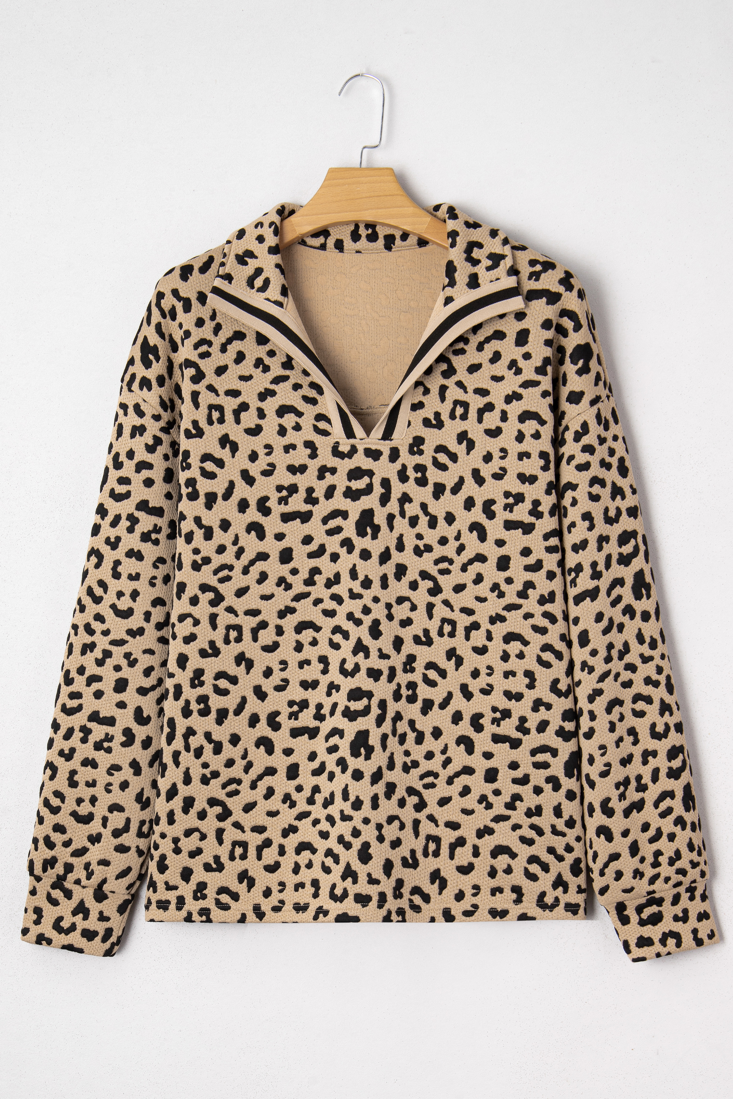 Parchment Leopard Polo Collar V Neck Pullover Top