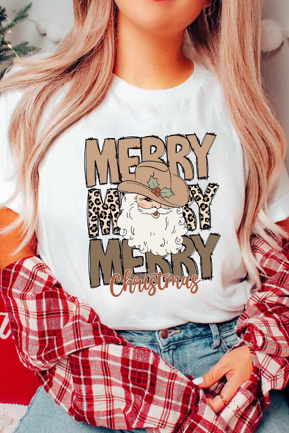 White Merry Christmas Western Santa Claus T Shirt