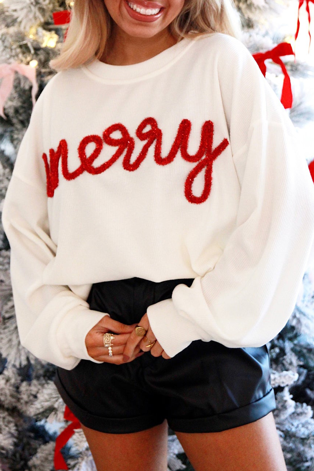 White Merry Tinsel Letter Embroidery Ribbed Drop Shoulder Sweatshirt