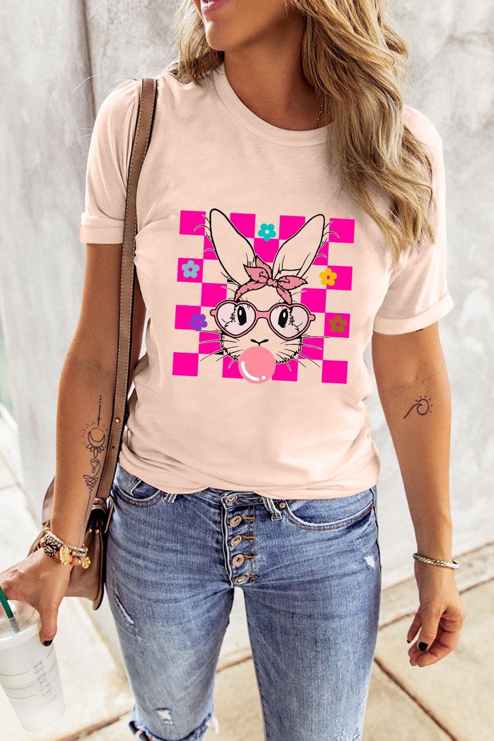 White Rabbit Bow Knot Print Crew Neck T Shirt