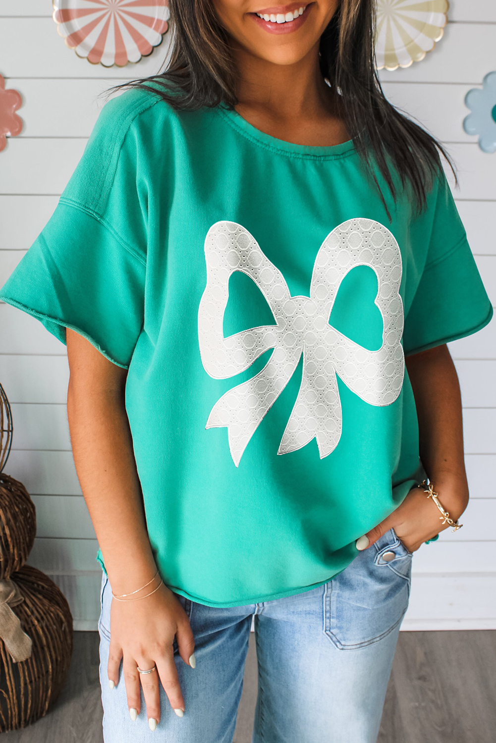 Medium Grey Lace Bow Raw Edge Drop Shoulder Casual T Shirt