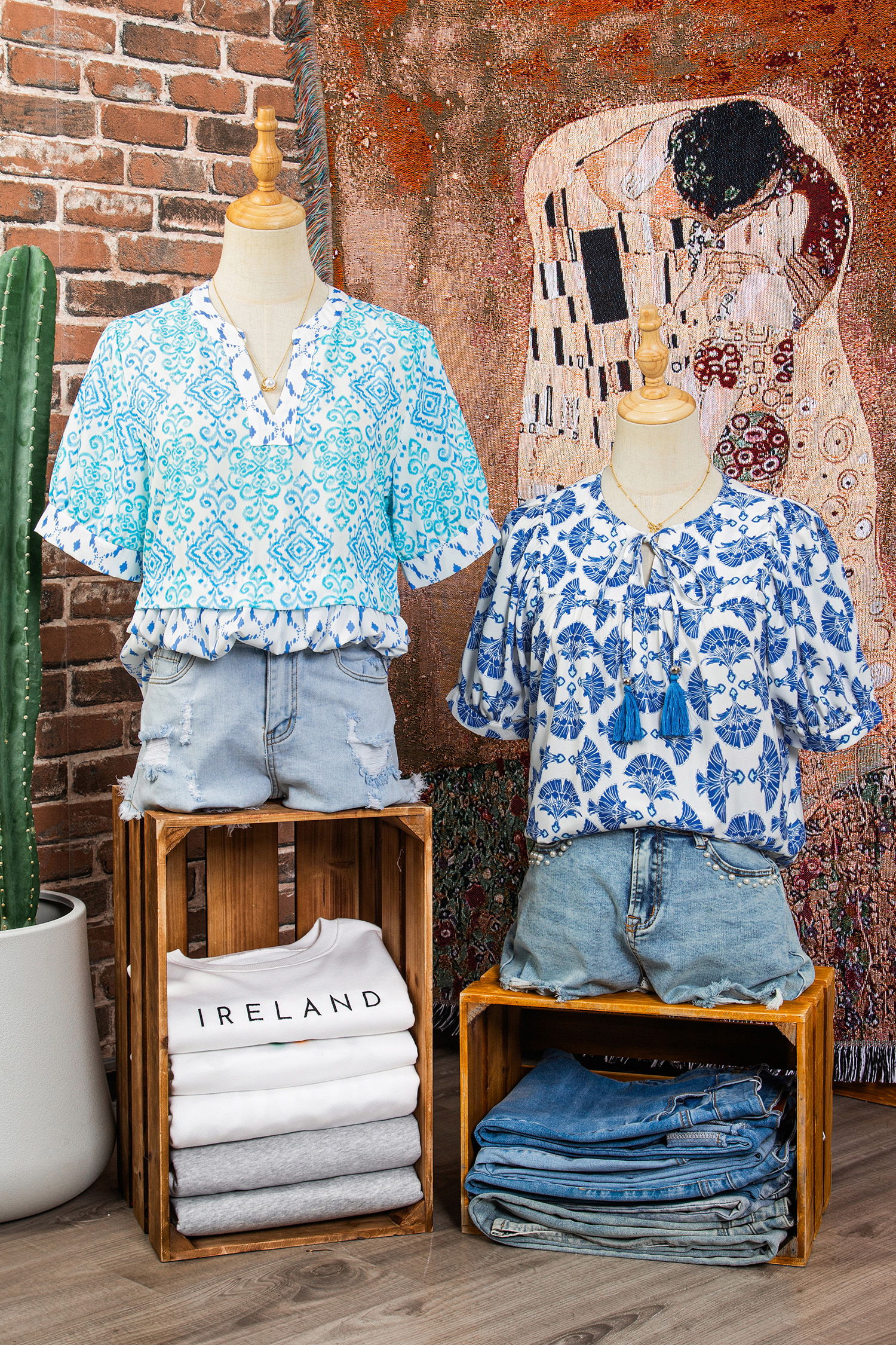 Sky Blue Geometric Print Tassel Drawstring V Neck Blouse