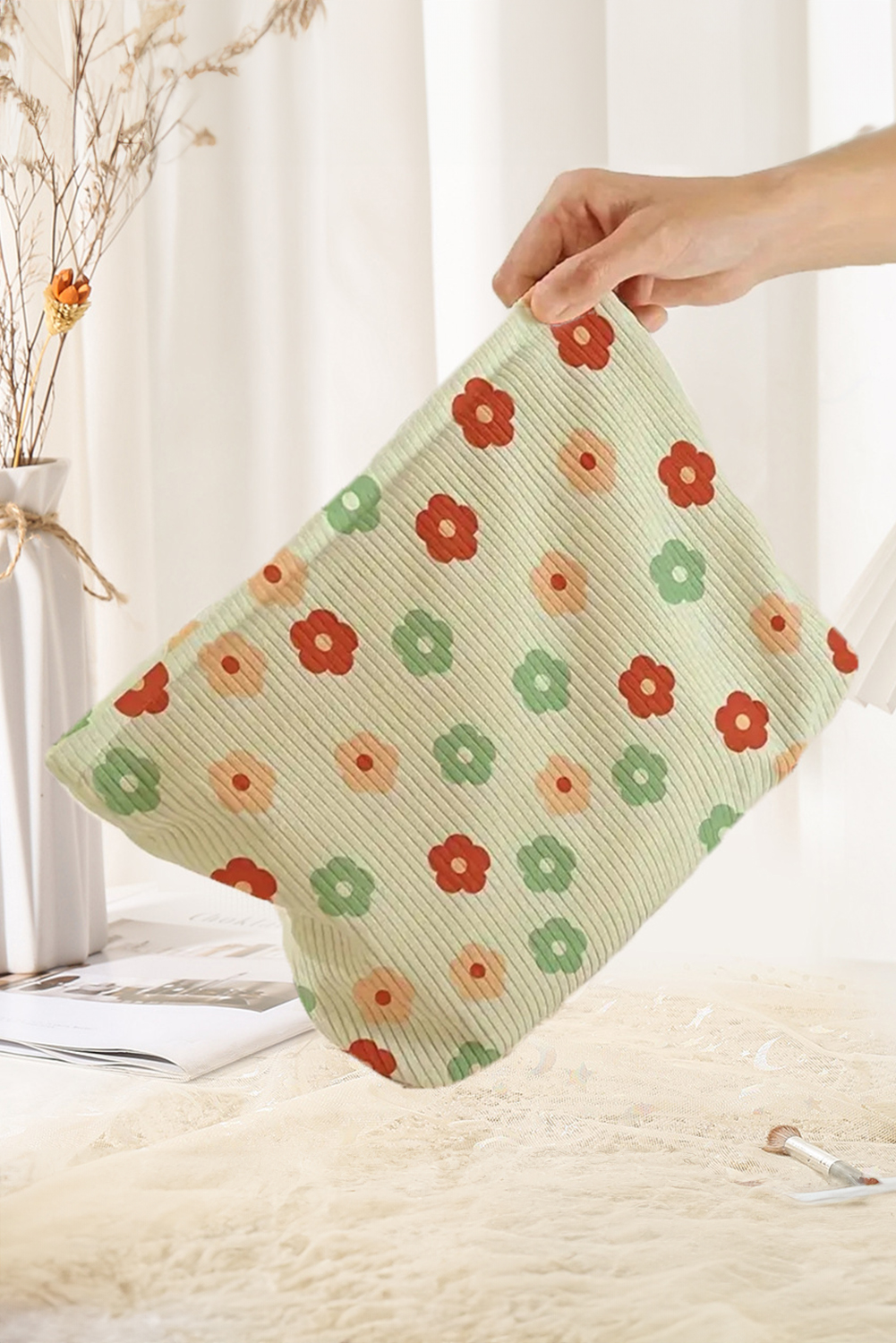 Clearly Aqua Flower Print Corduroy Zipper Makeup Storage Bag