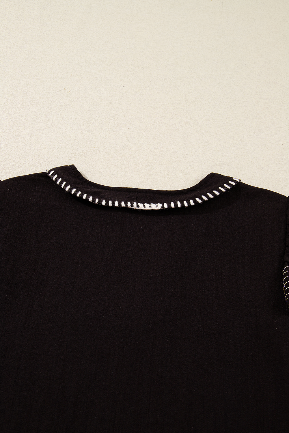 Black Contrast Stitched Detail V Neck Ruffle Long Sleeve Blouse