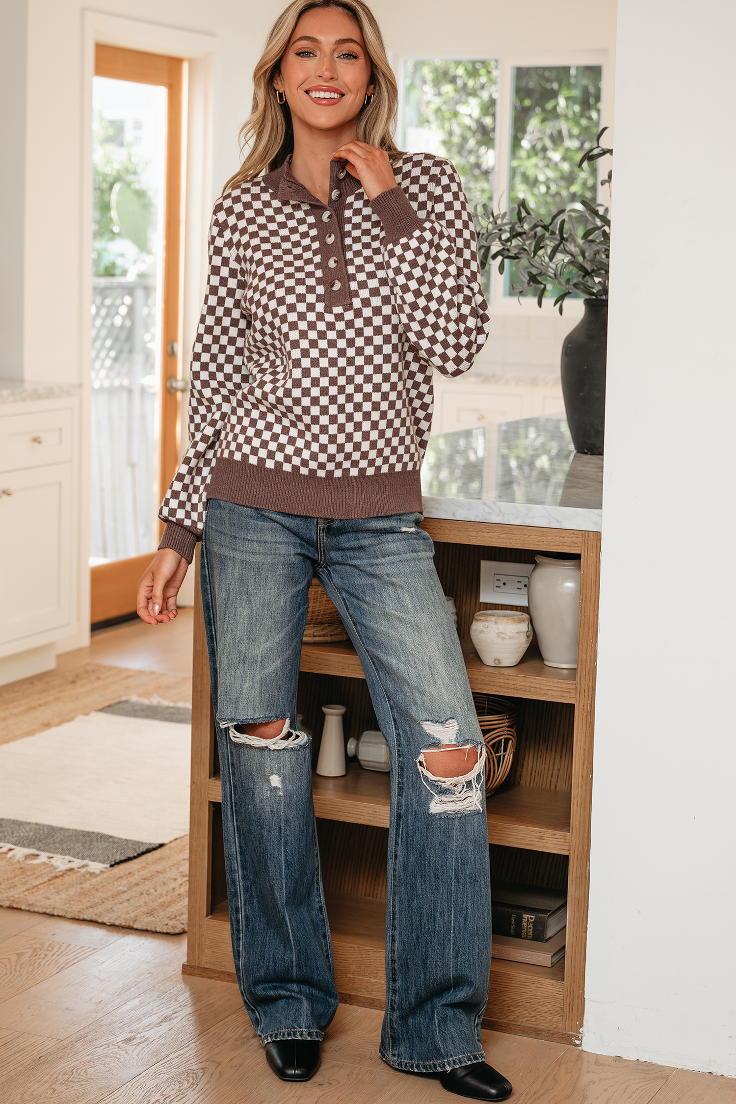 Dark Brown Half Button Ribbed Trim Checkerboard Knit Sweater