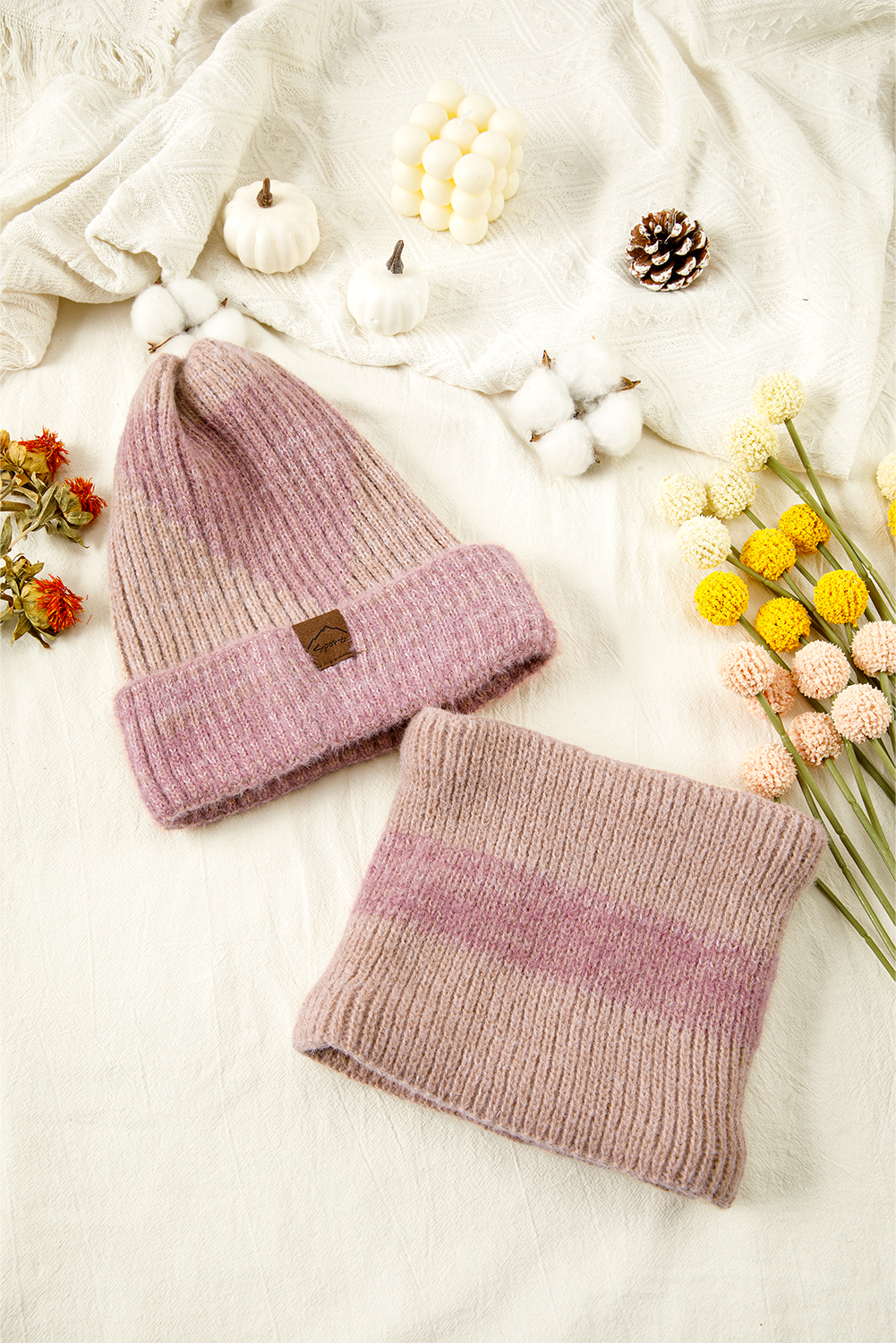 Peach Blossom Cozy Sherpa Liner Stylish Knitted Beanie and Scarf Set