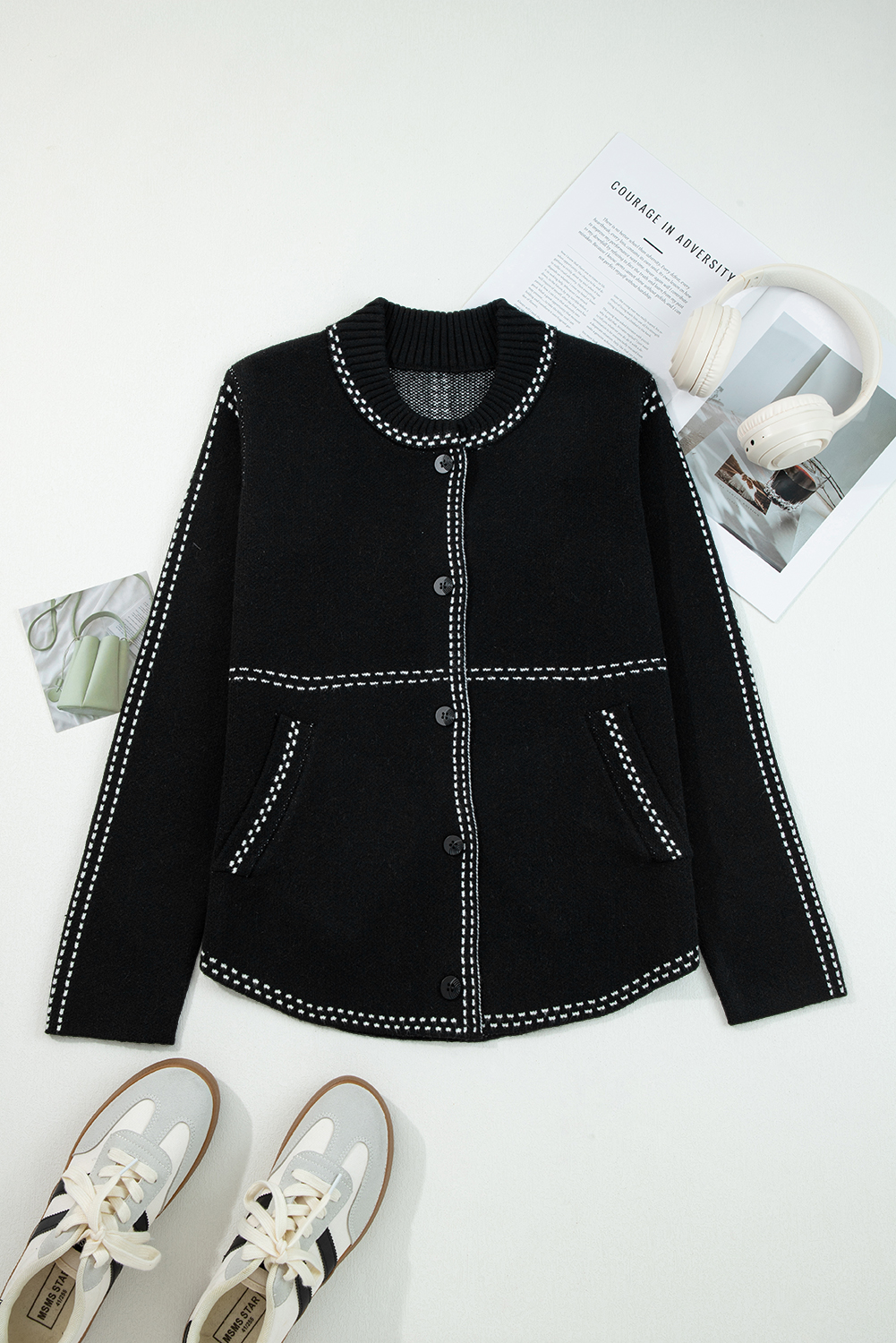 Black Contrast Trim Button up Sweater Cardigan