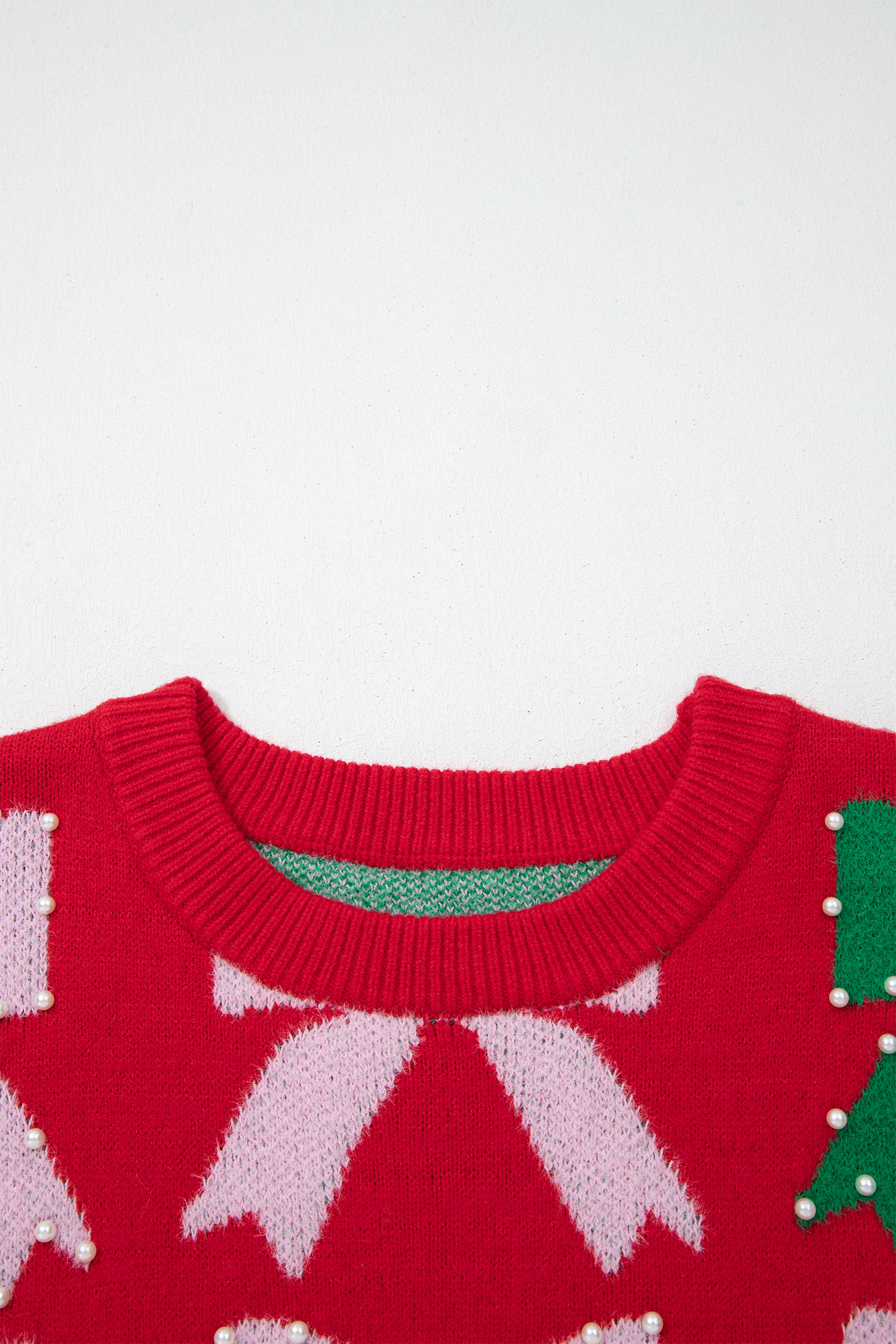 Fiery Red Bow Pearl Embellished Christmas Holiday Sweater