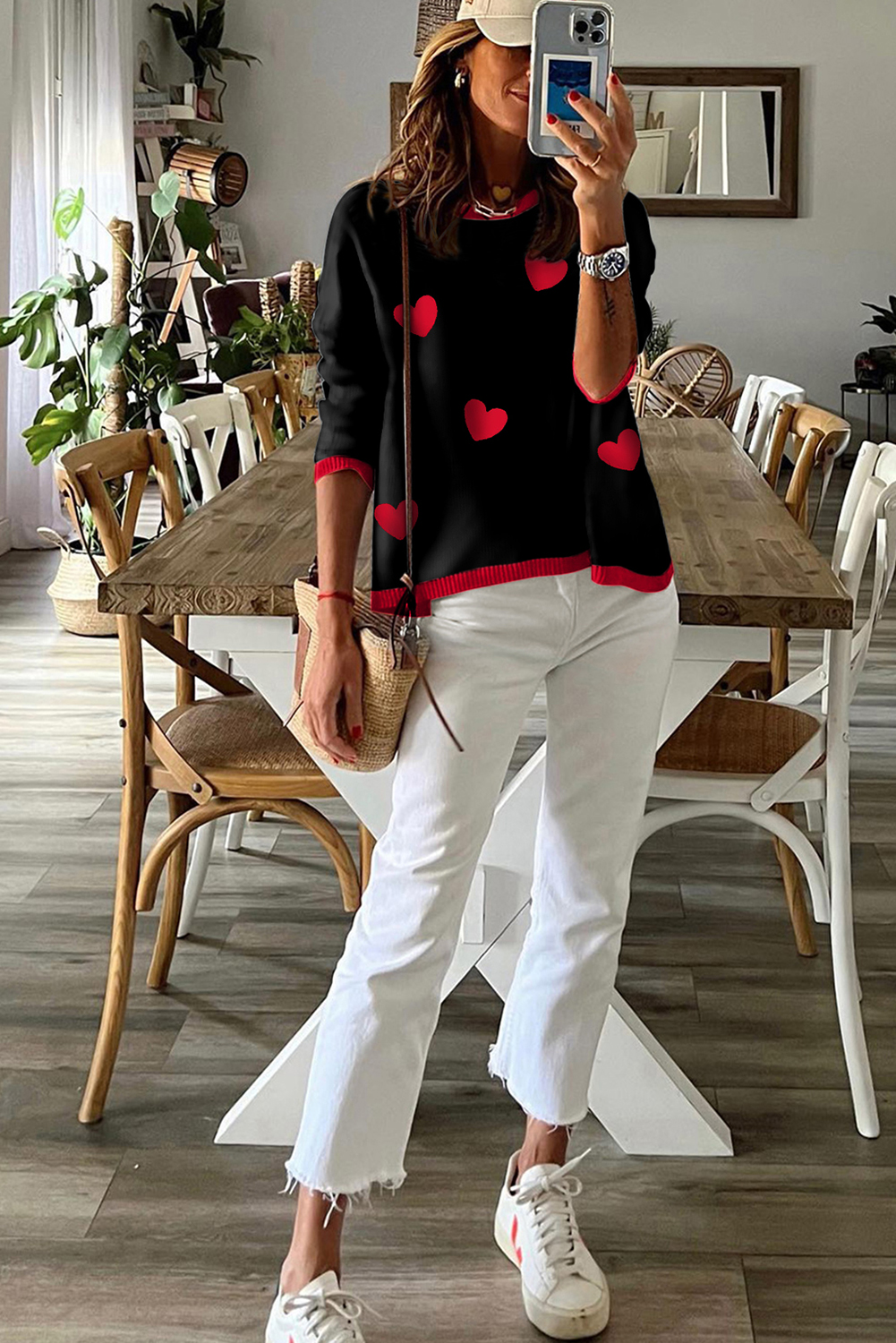 Black white Heart Print Contrast Trim Drop Shoulder Sweater