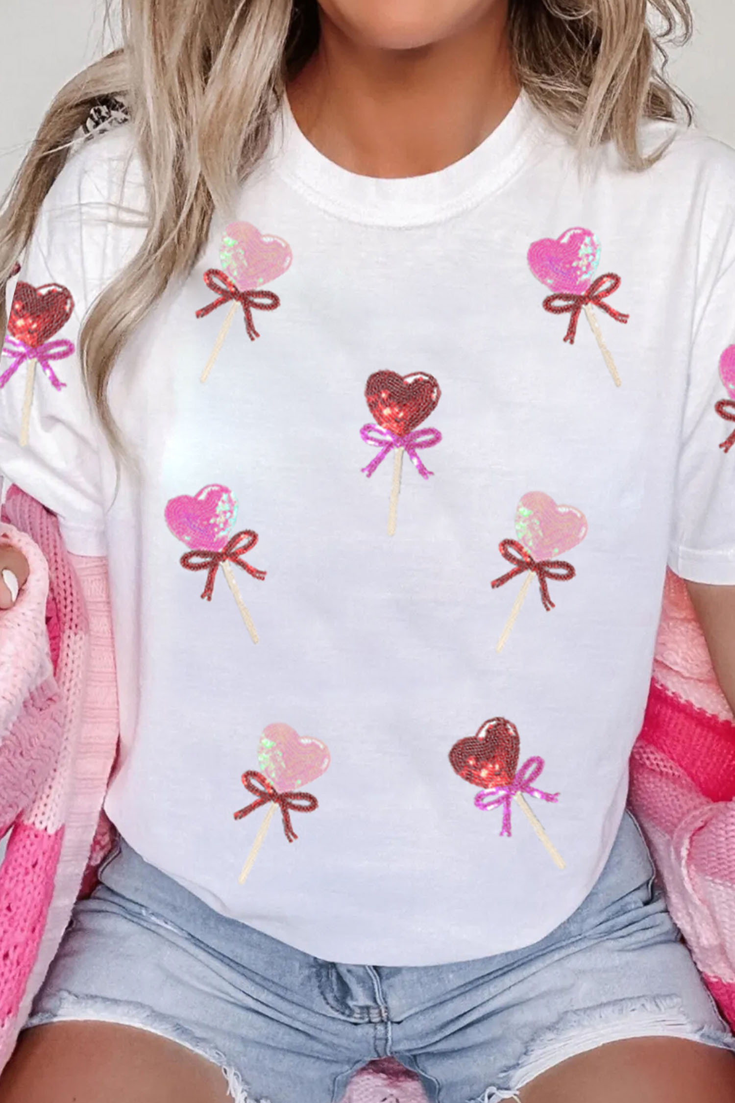 White Sequin Bow Heart Shape Lolly Valentines Day Graphic Tee