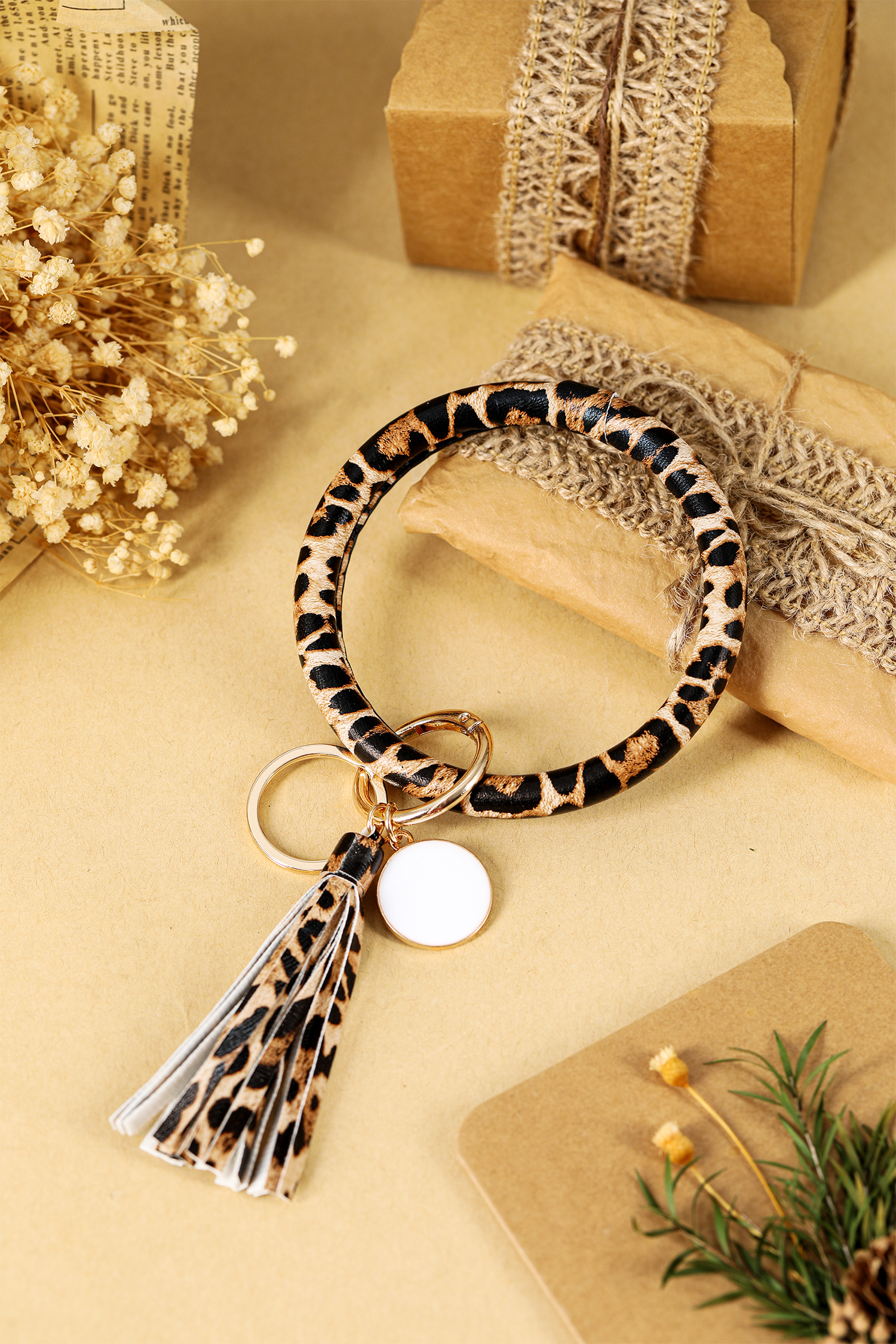 Parchment Leopard PU Leather Tassel Key Chain Bangle Bracelet