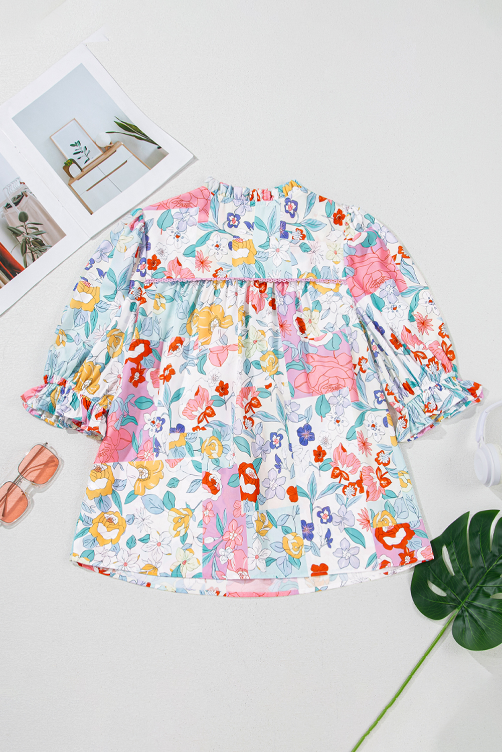 Pink Boho Flower Print Half Puff Sleeve Blouse