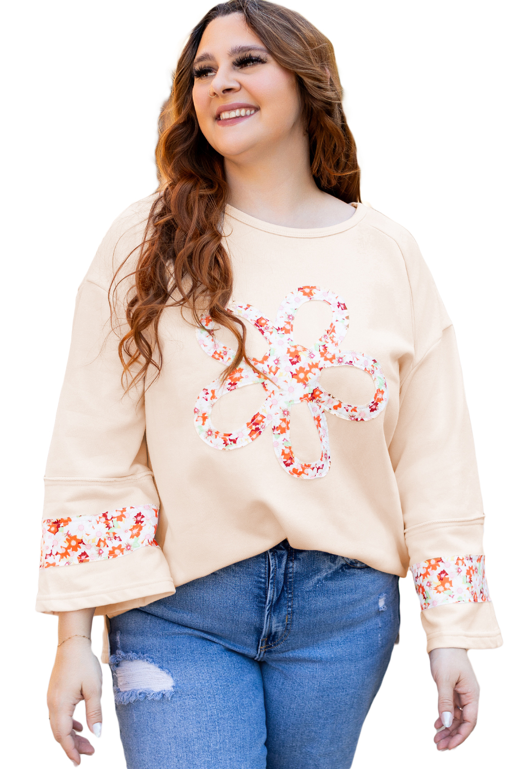 Beige Flower Patch Graphic Exposed Seam Wide Sleeve Top