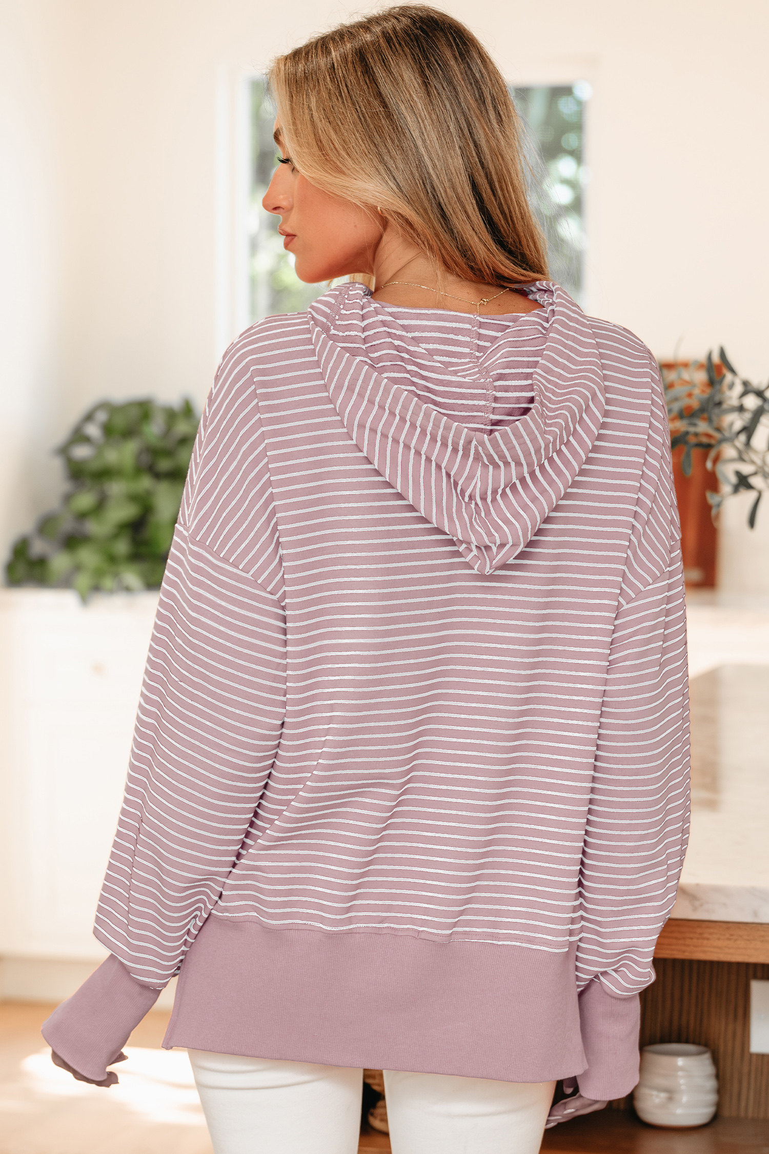 Purple Stripe Thumbhole Side Slits Drop Shoulder Loose Fit Hoodie