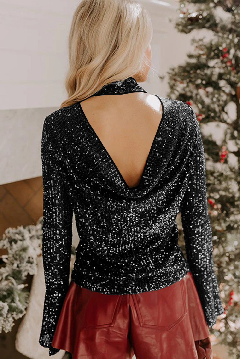 Jet Stream Sequin Mock Neck Drape Open Back Bell Sleeve Top