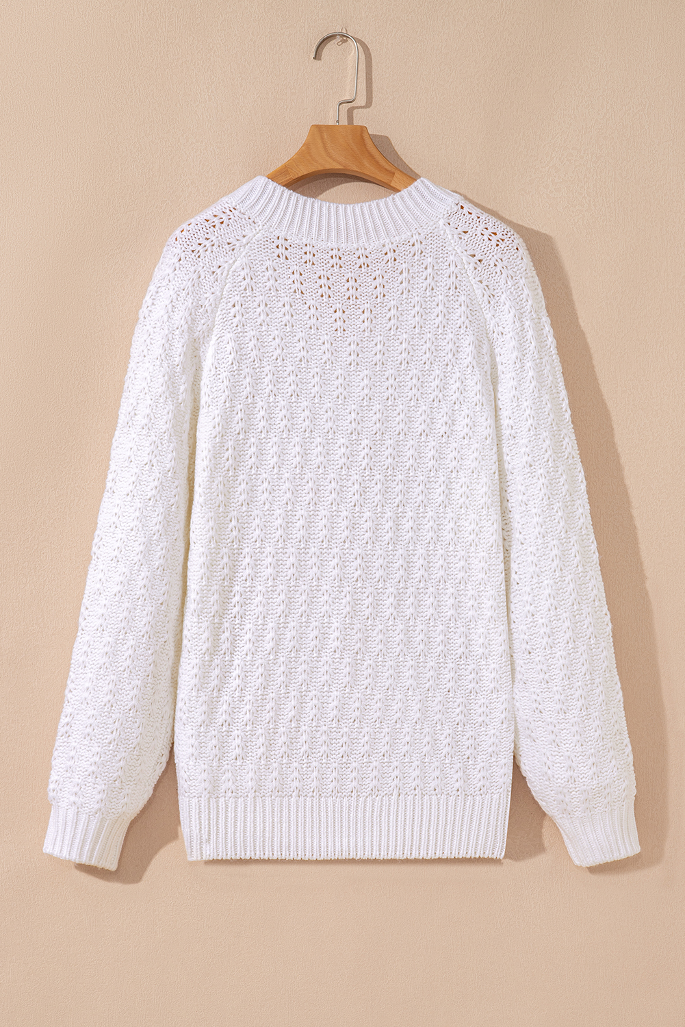 White Textured Knit Ribbed Edge V Neck Loose Sweater
