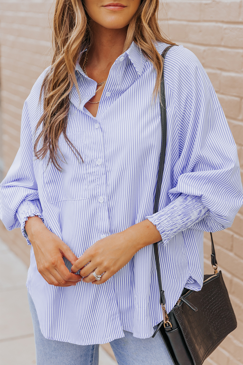 Red Stripe Smocked Cuffed Striped Boyfriend Shirt with Pocket
