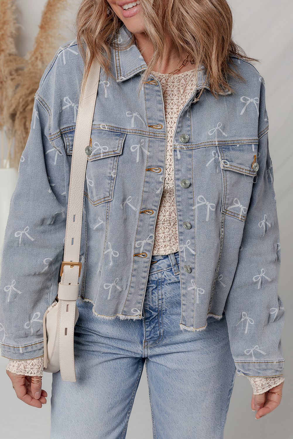 Sky Blue Bow Knot Print Light Wash Raw Hem Denim Jacket