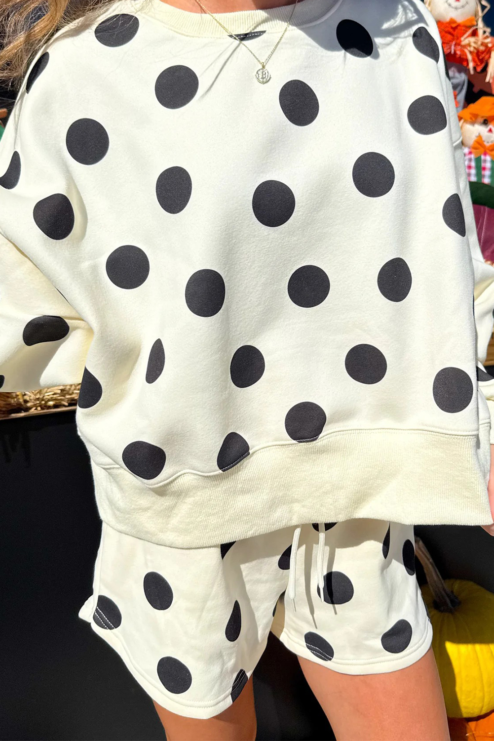 Beige Polka Dot Print Drop Shoulder Pullover Drawstring Jogger Pant Set