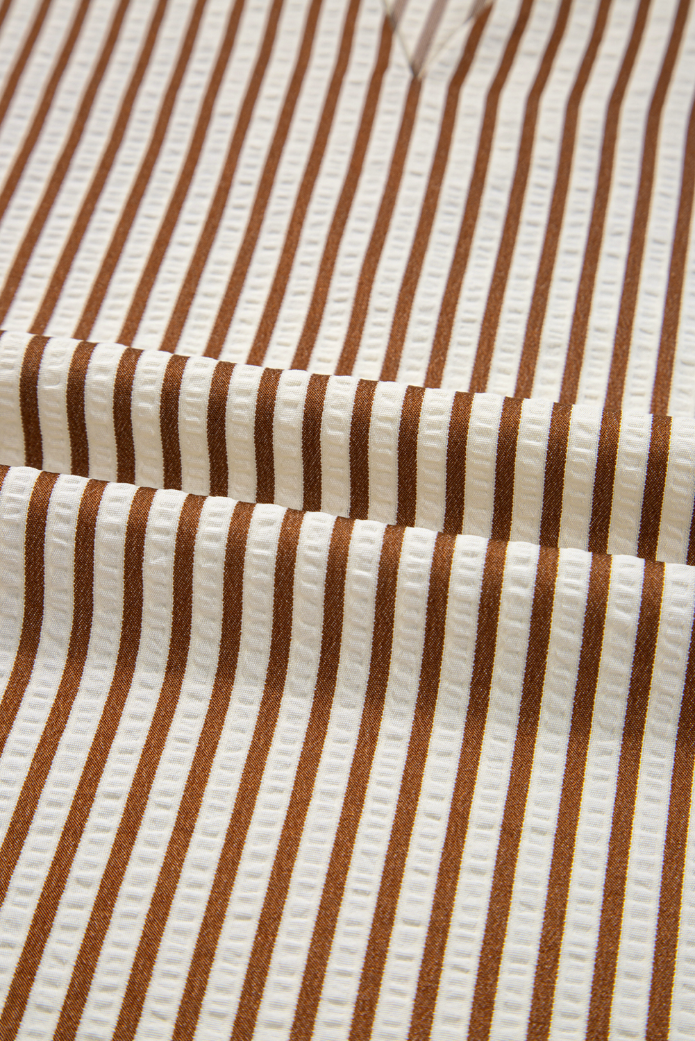 Straw Yellow Striped Print Tied Cuffs Split Neck Seersucker Blouse