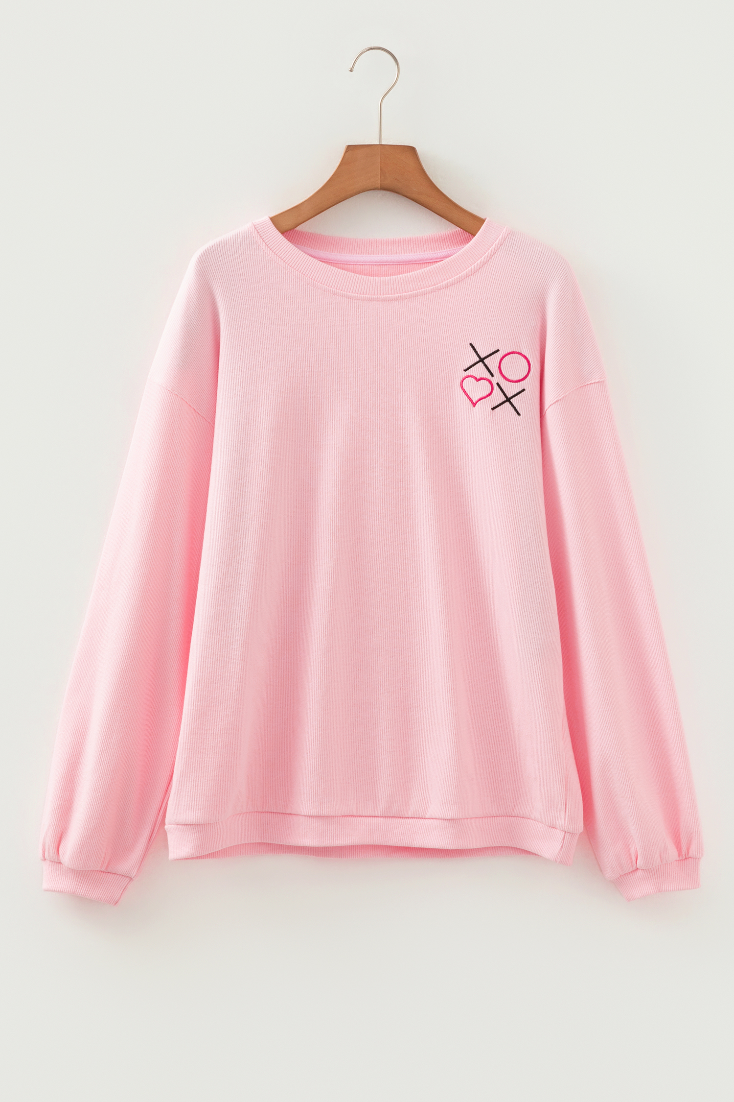 White 3d Ribbed XOXO Heart Embroidered Drop Shoulder Sweatshirt