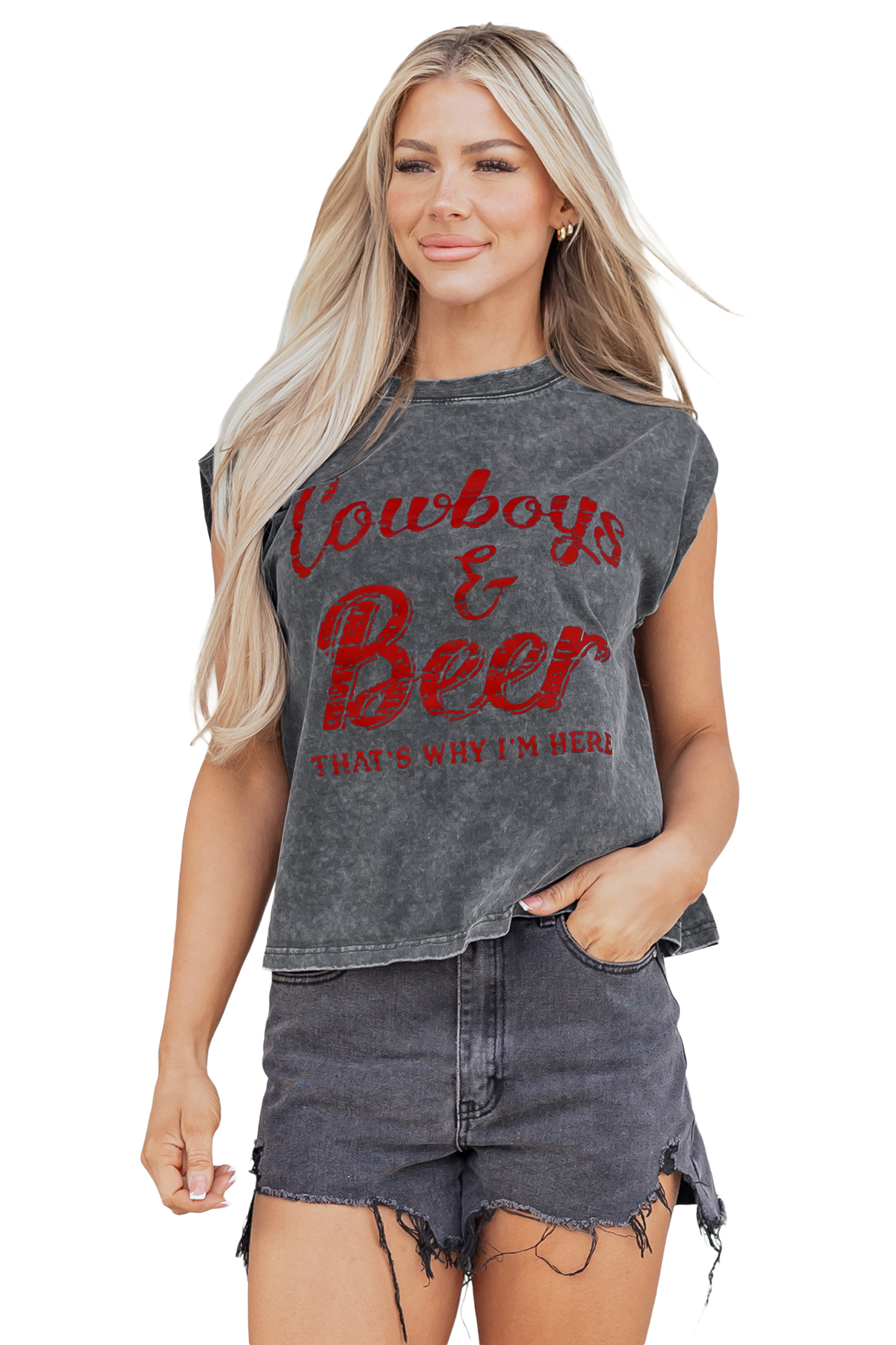 Smoke Gray Cowboy & Beer Western Graphic Mineral Wash Tank Top
