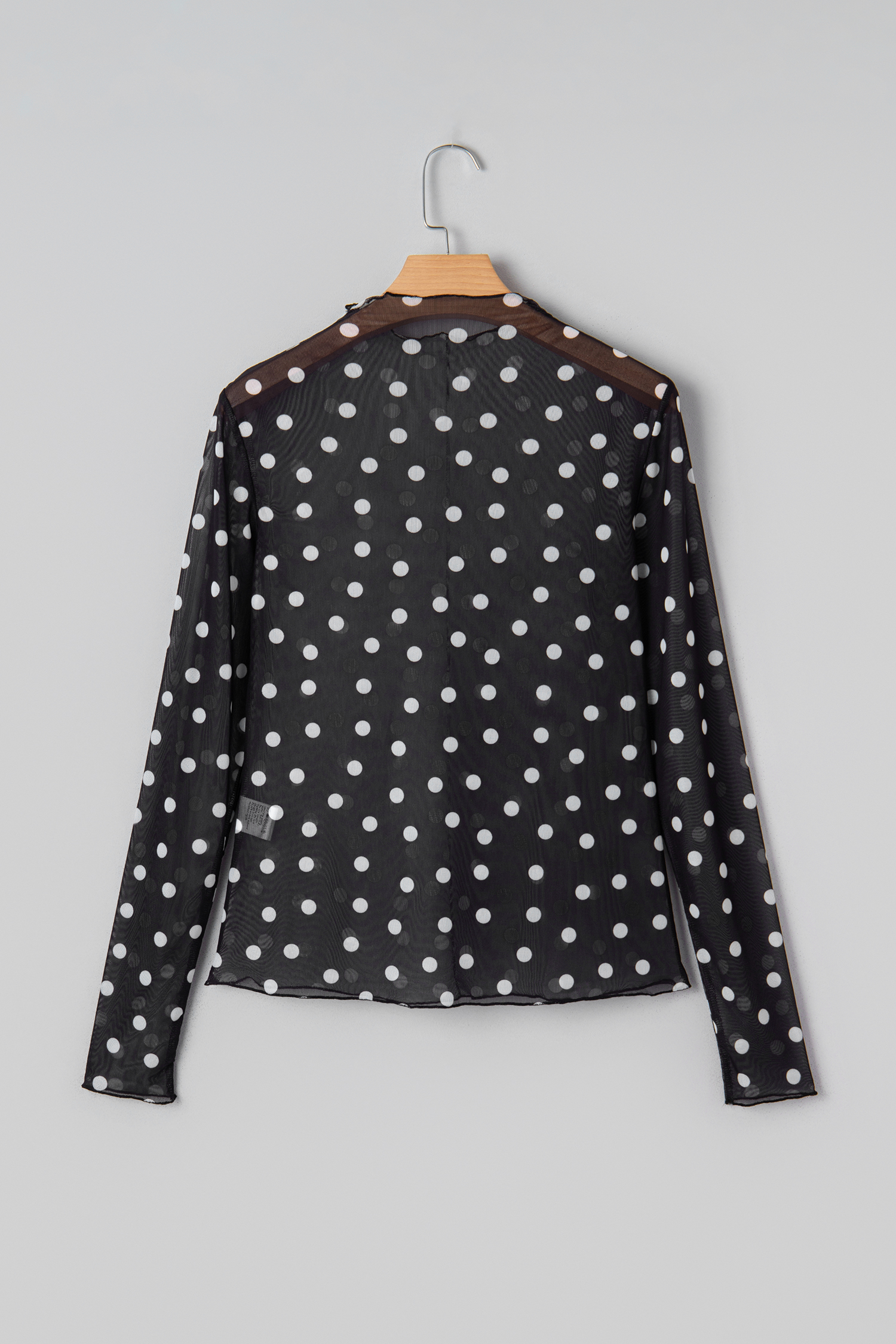 Black Polka Dot Patterned Bodycon Mock Neck Mesh Long Sleeve Top