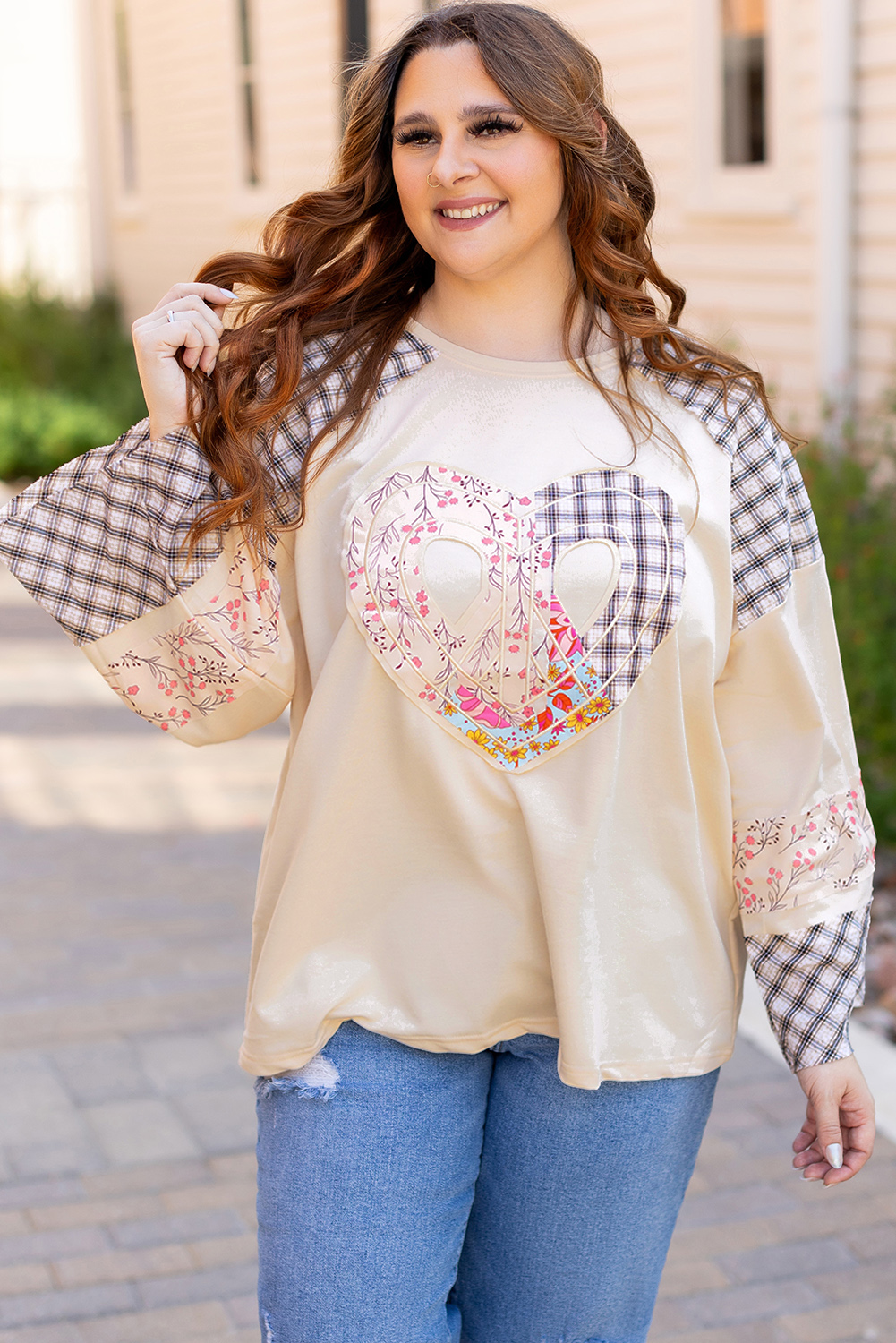Beige Flower Patch Graphic Exposed Seam Wide Sleeve Top