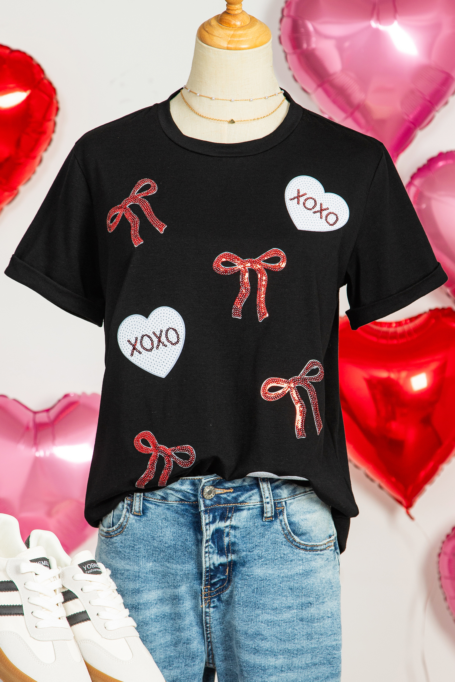 Black Valentines Bow XOXO Heart Sequin Patched Loose T Shirt