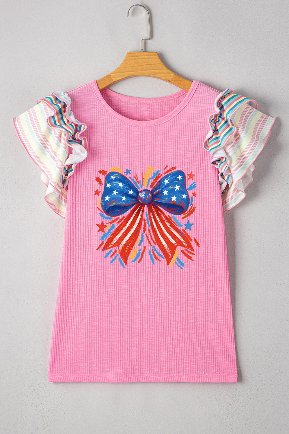 Bonbon Striped Ruffle Flutter Sleeve Ribbed Blouse