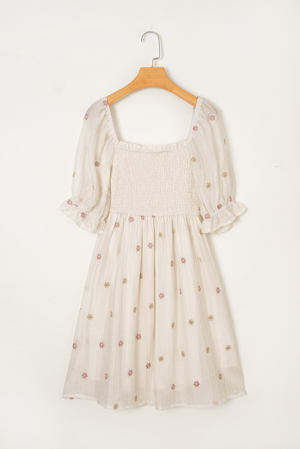 Beige Embroidered Flower Smocked Bust Half Puff Sleeve Empire Waist Textured Flowy Dress