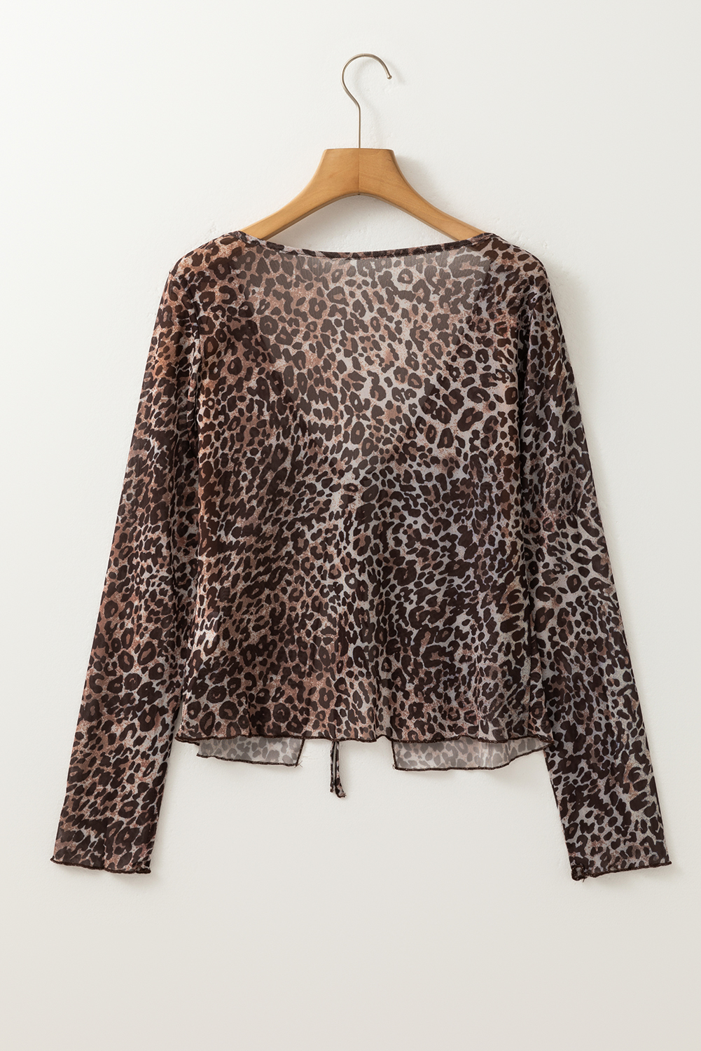 Multicolour Leopard Sheer Mesh Long Sleeve V Neck Lace-up Blouse