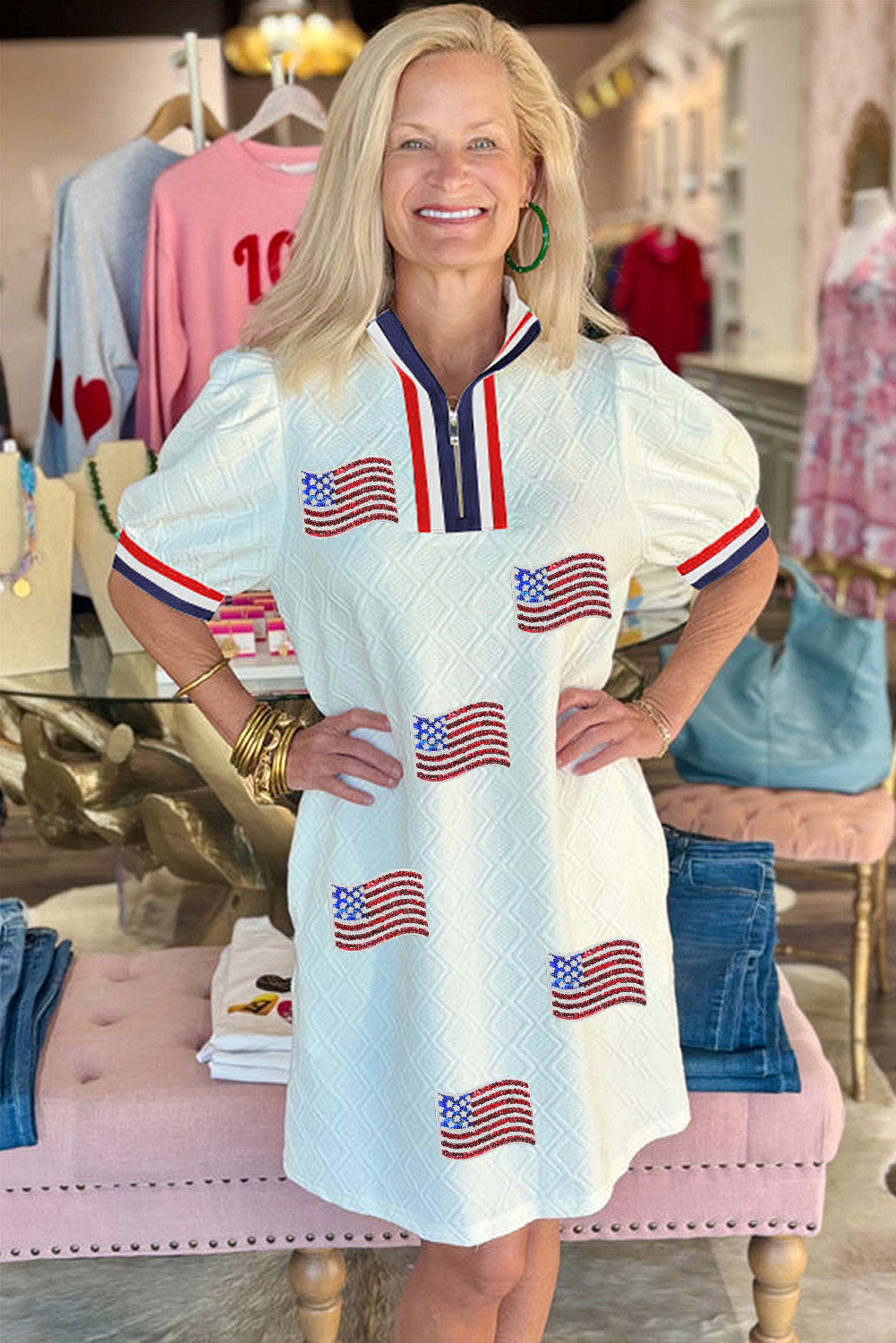 White Textured Contrast Striped Detail Sequin Flag Patched Zip Collar T Shirt Dress