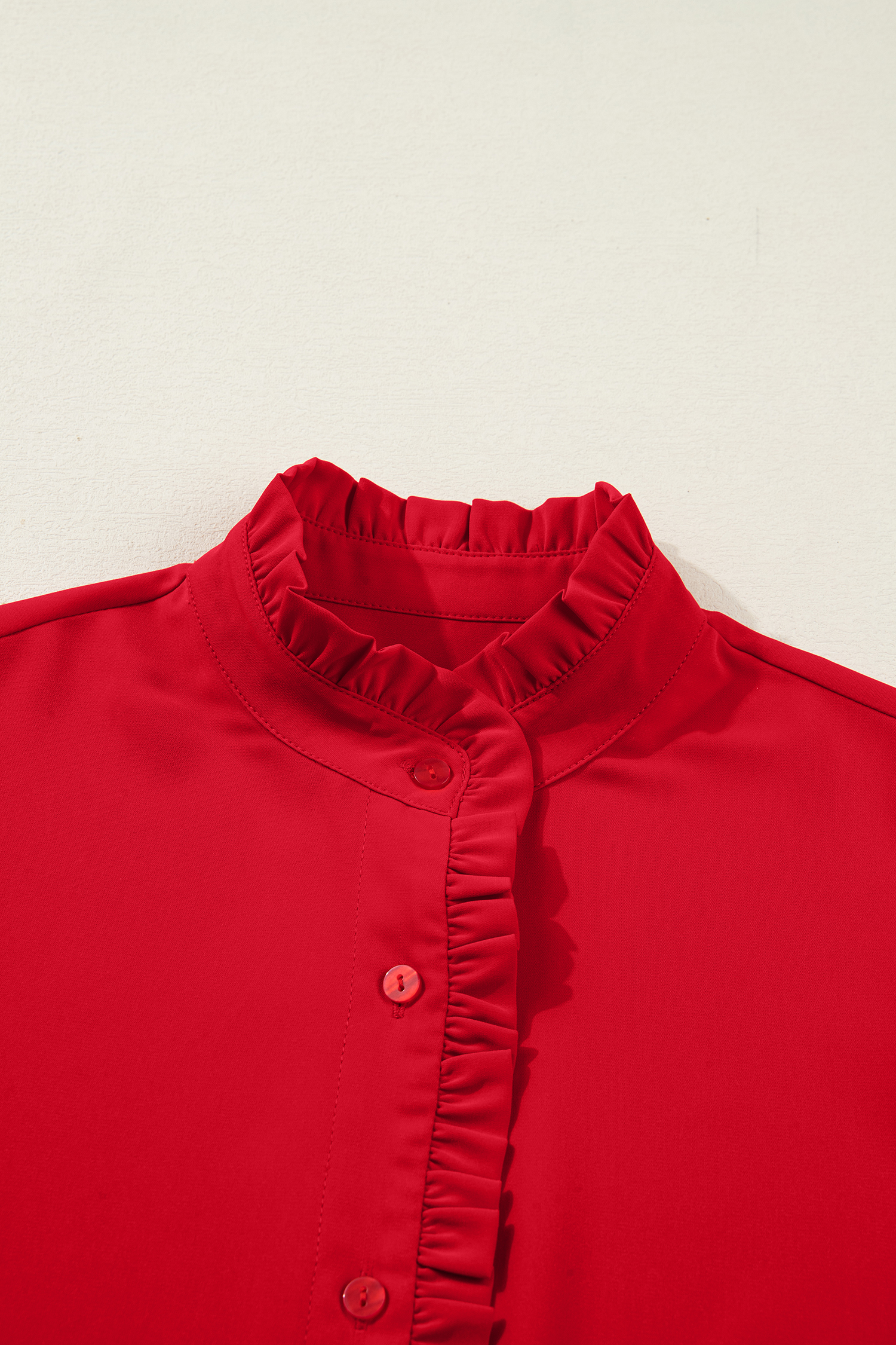 Fiery Red Frilled Trim Button Up Pleated Long Sleeve Shirt