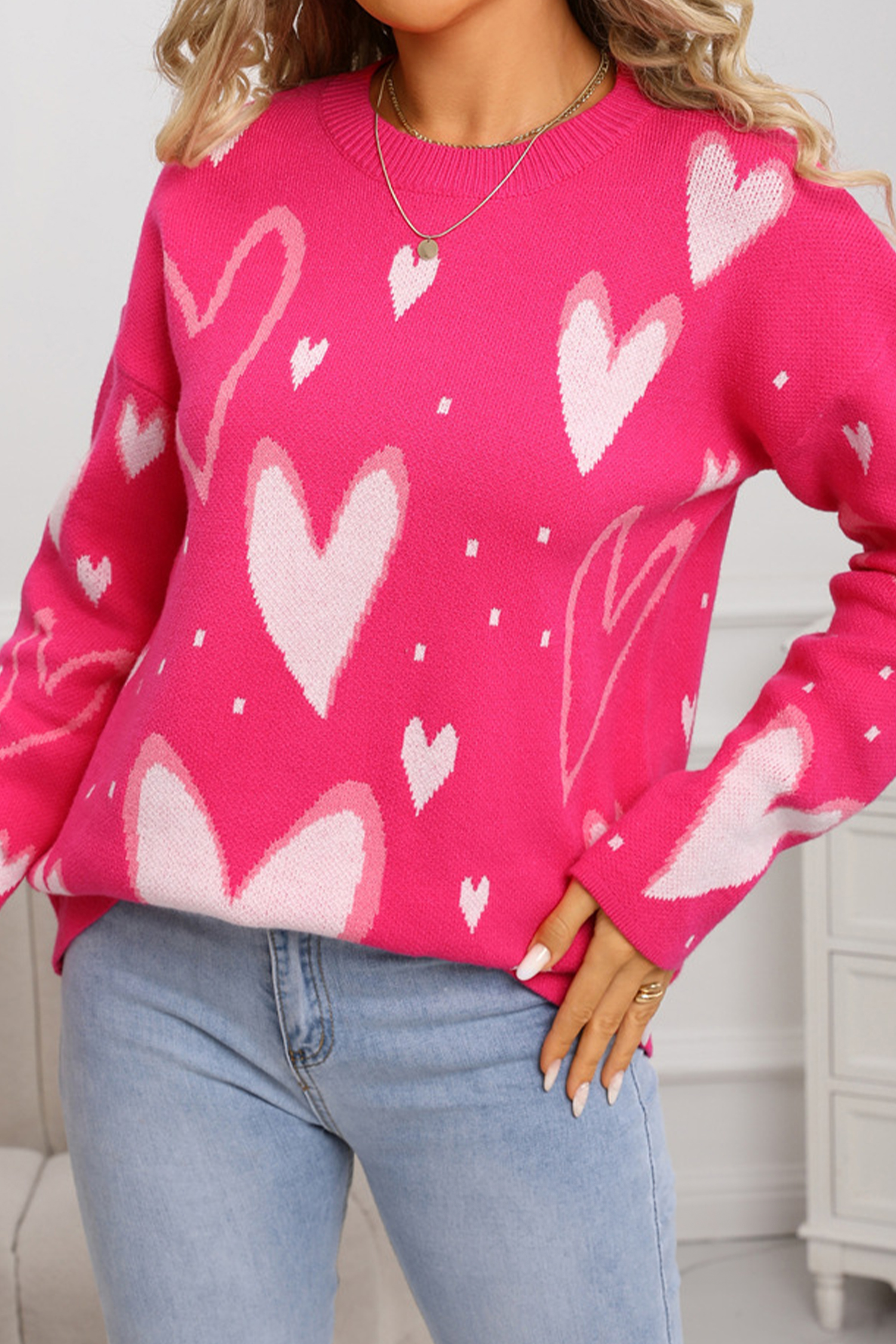 White Splendid Heart Print Valentines Day Sweater