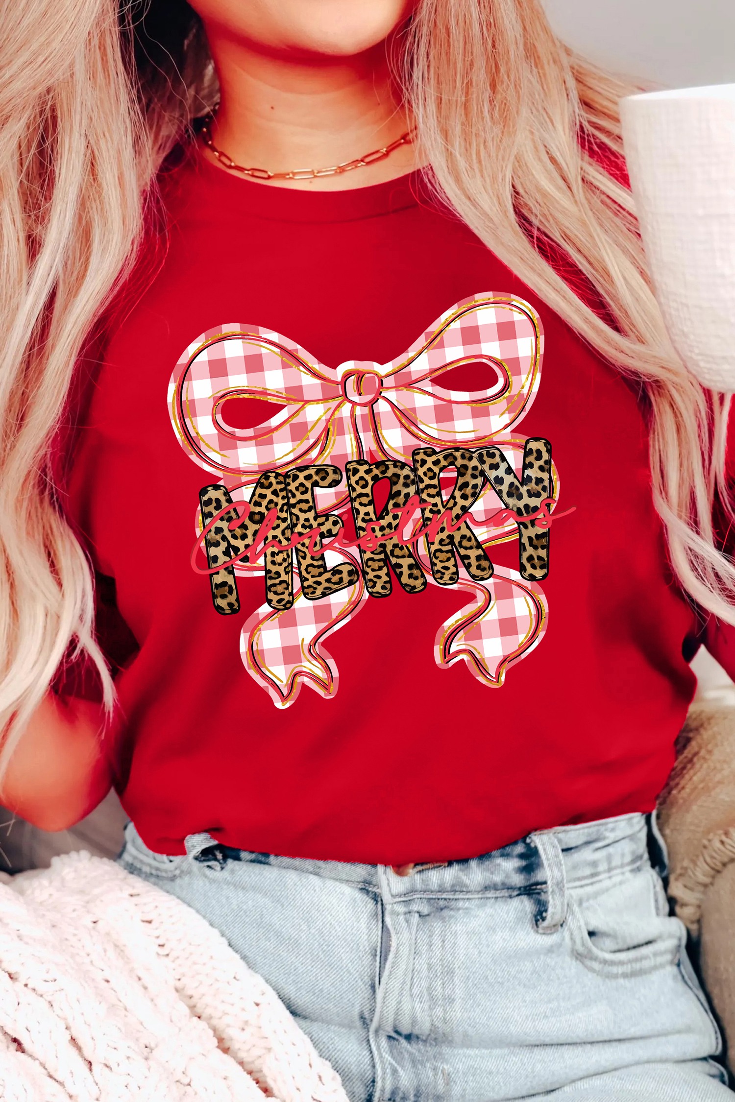 Red Leopard Merry Christmas Plaid Bow Graphic Holiday T Shirt