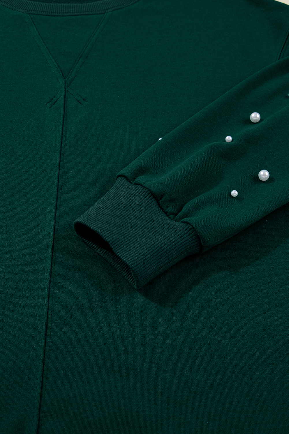 Dark Green Pearl Embellished Drop Shoulder Pullover Elastic Waist Mini Skirt Set