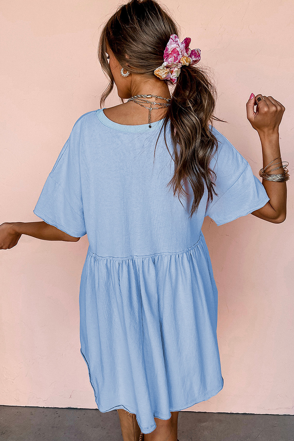 Sky Blue Star and Stripes Sequin Bow Patched T Shirt Babydoll Dress
