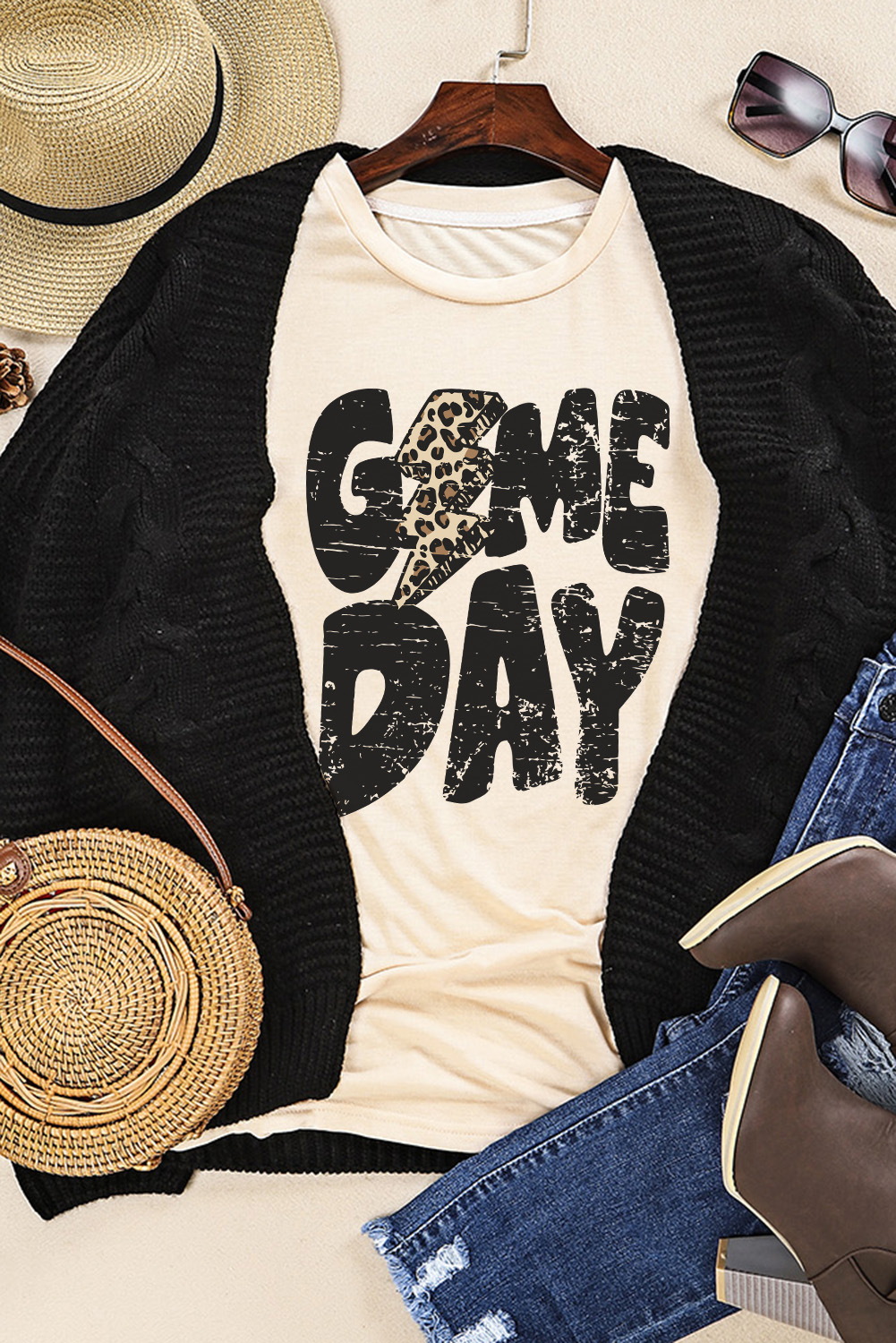 Khaki Game Day Rugby Football Season Leopard Lightning T Shirt