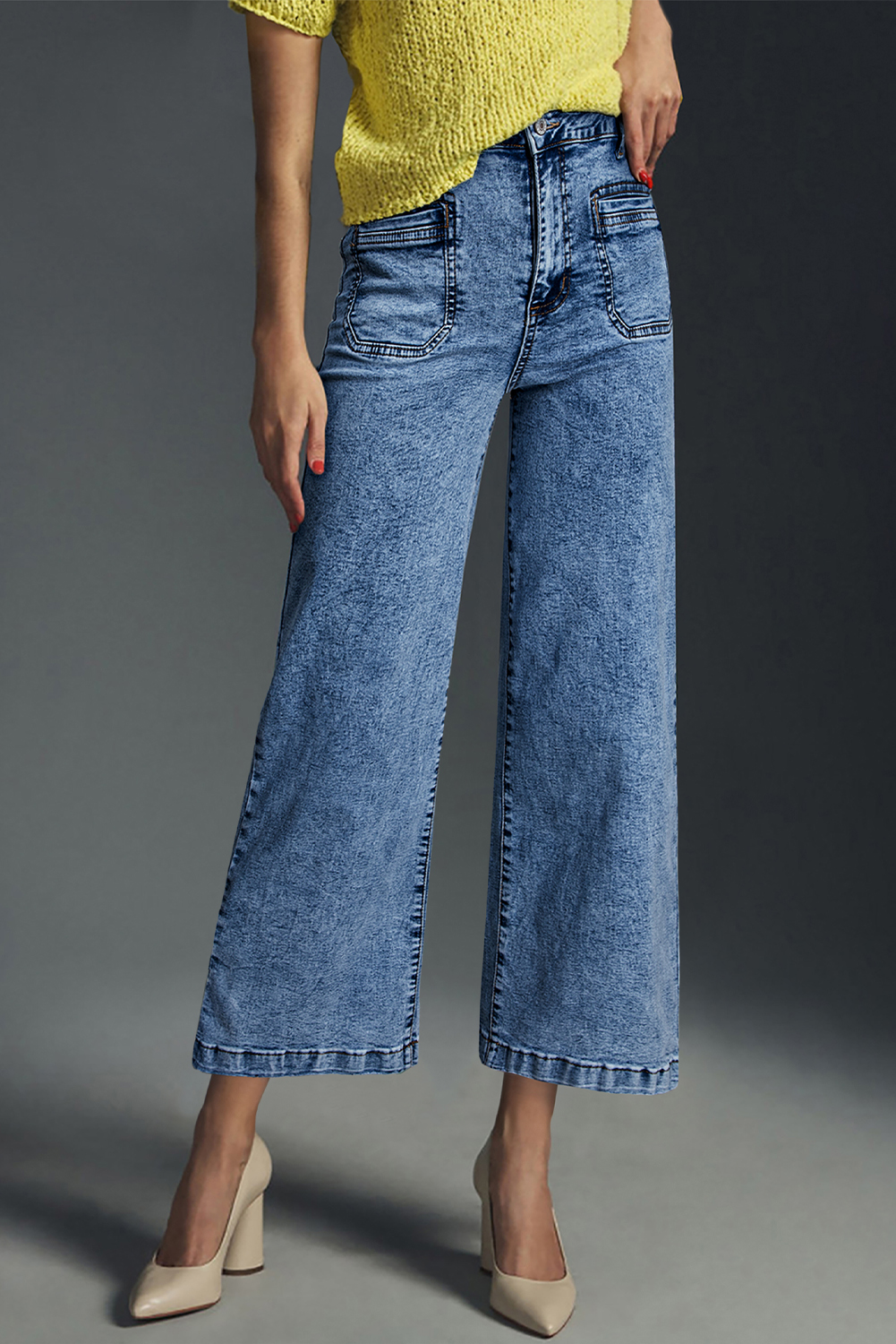 Light Blue Chic Patch Pocket Straight Leg Loose Jeans