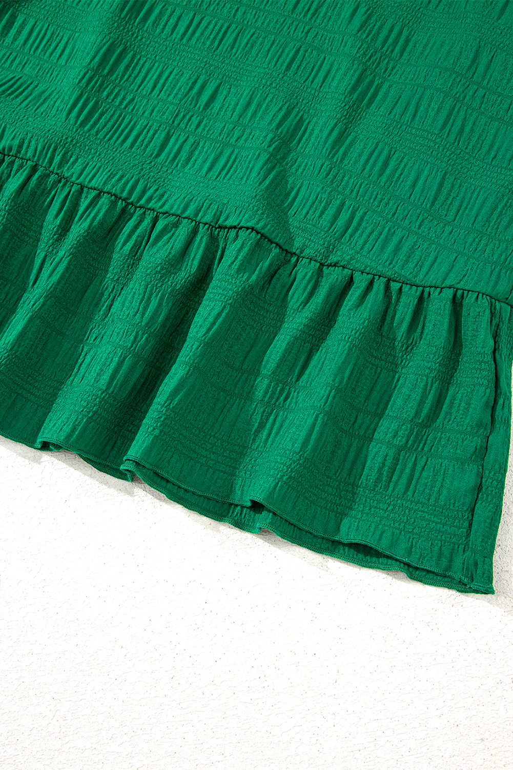 Dark Green Textured Ruffled Sleeve Round Neck Top