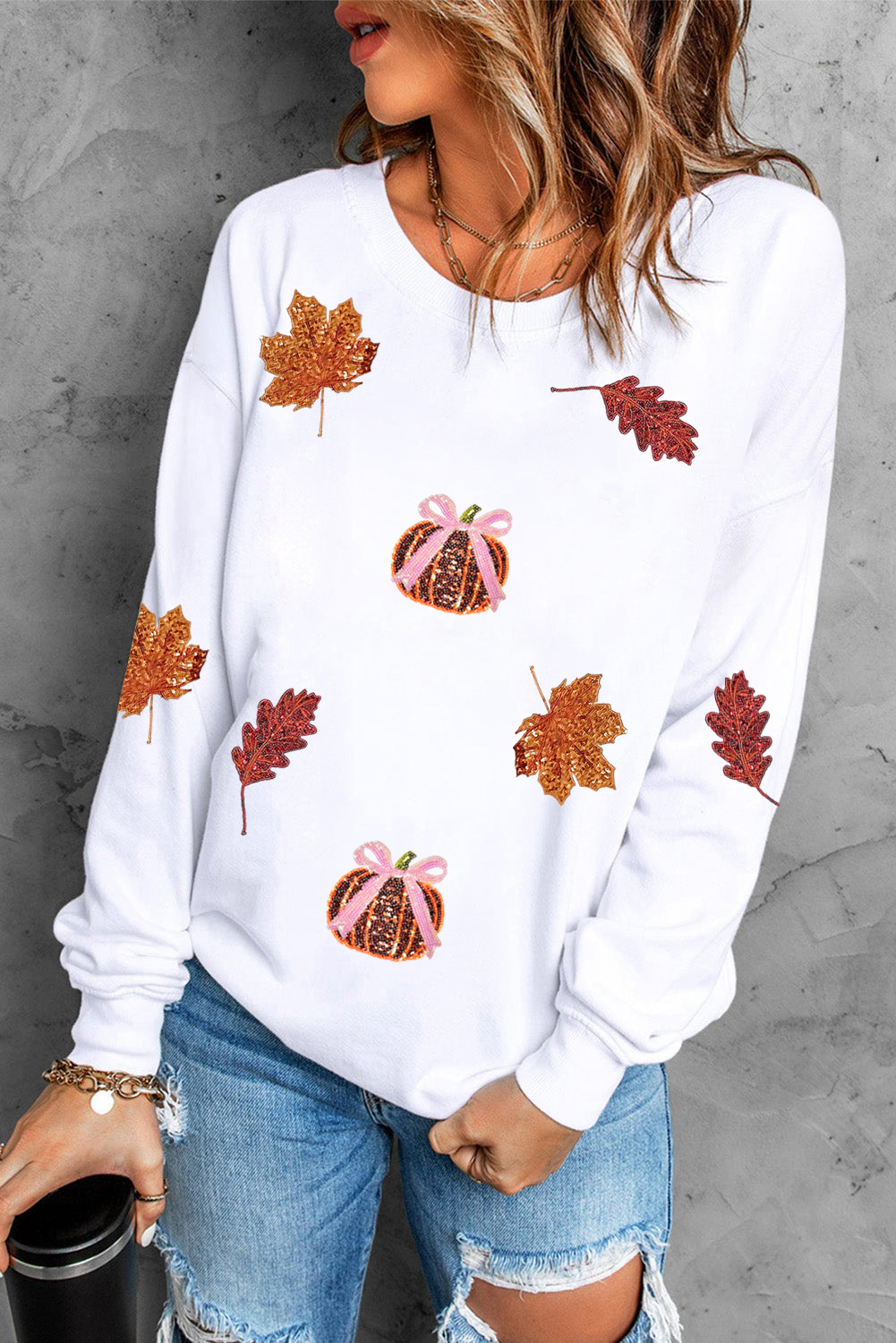 White Sequined Pumpkin Leaves Fall Vibe Graphic T Shirt