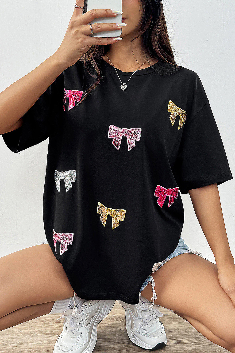 Black Shiny Bow Loose T Shirt