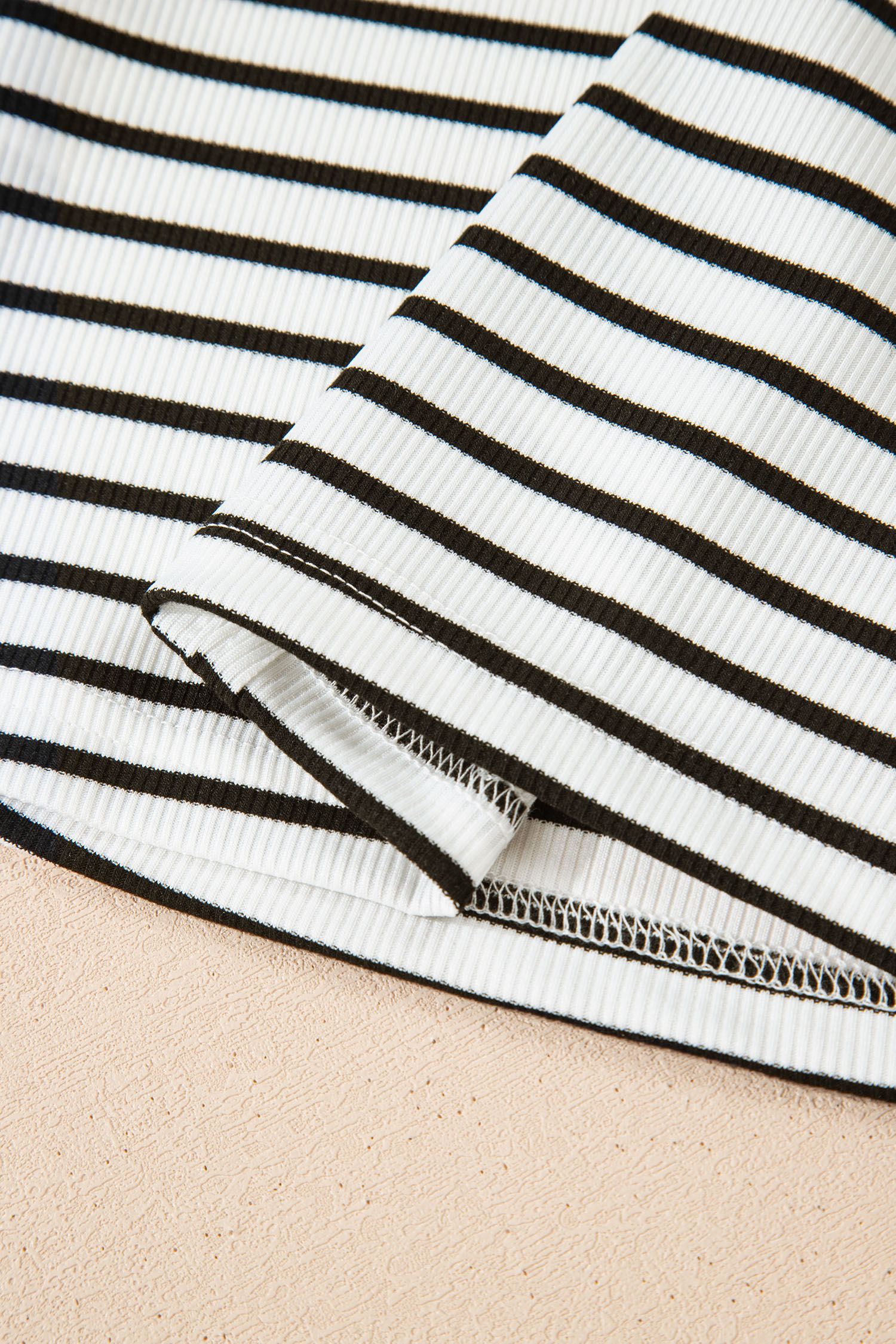 Black Stripe Ribbed Knit Half Button Long Sleeve Slim Top