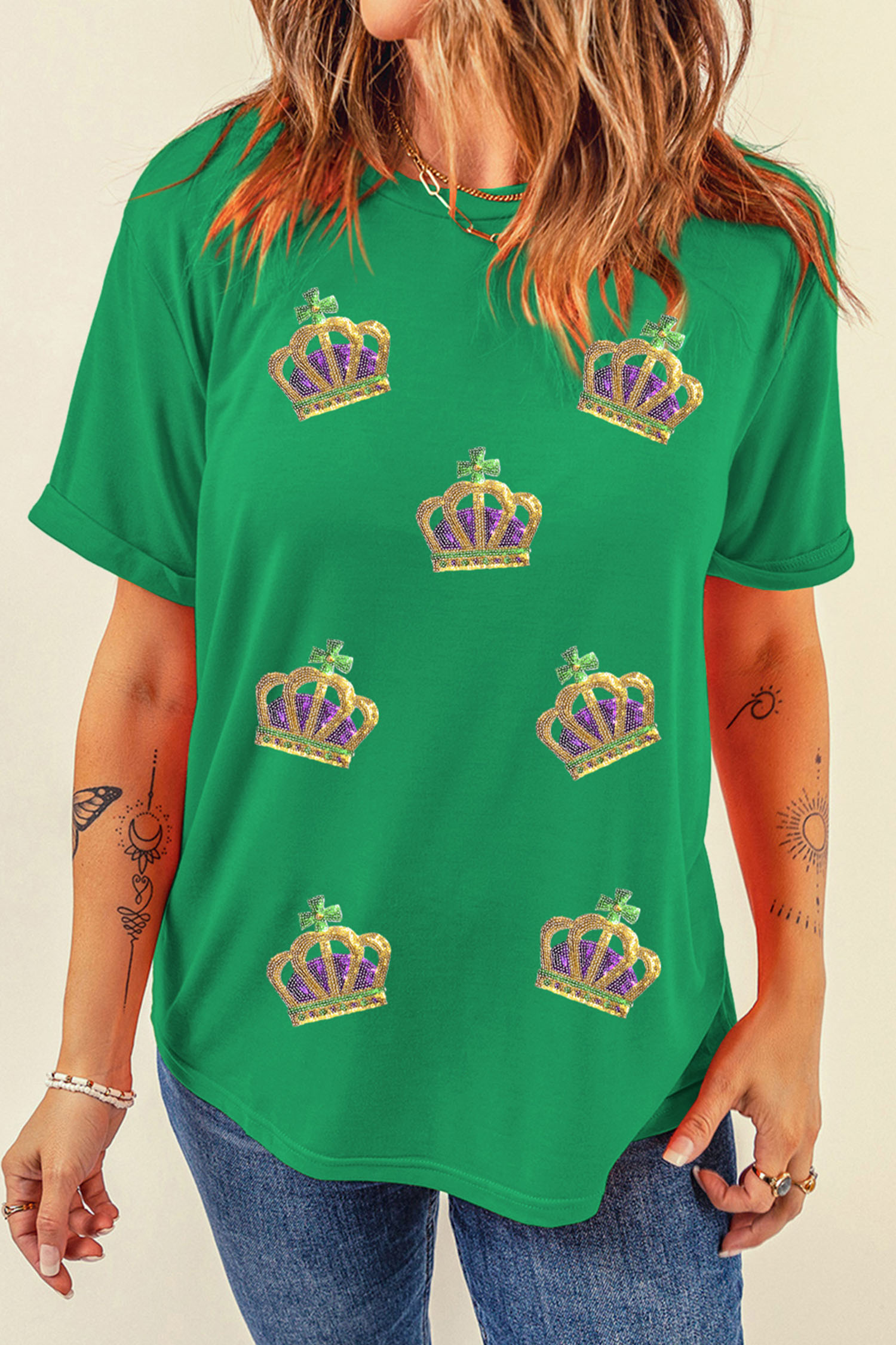 Bright Green Sequin Mardi Gras Crown Rolled Sleeve T Shirt