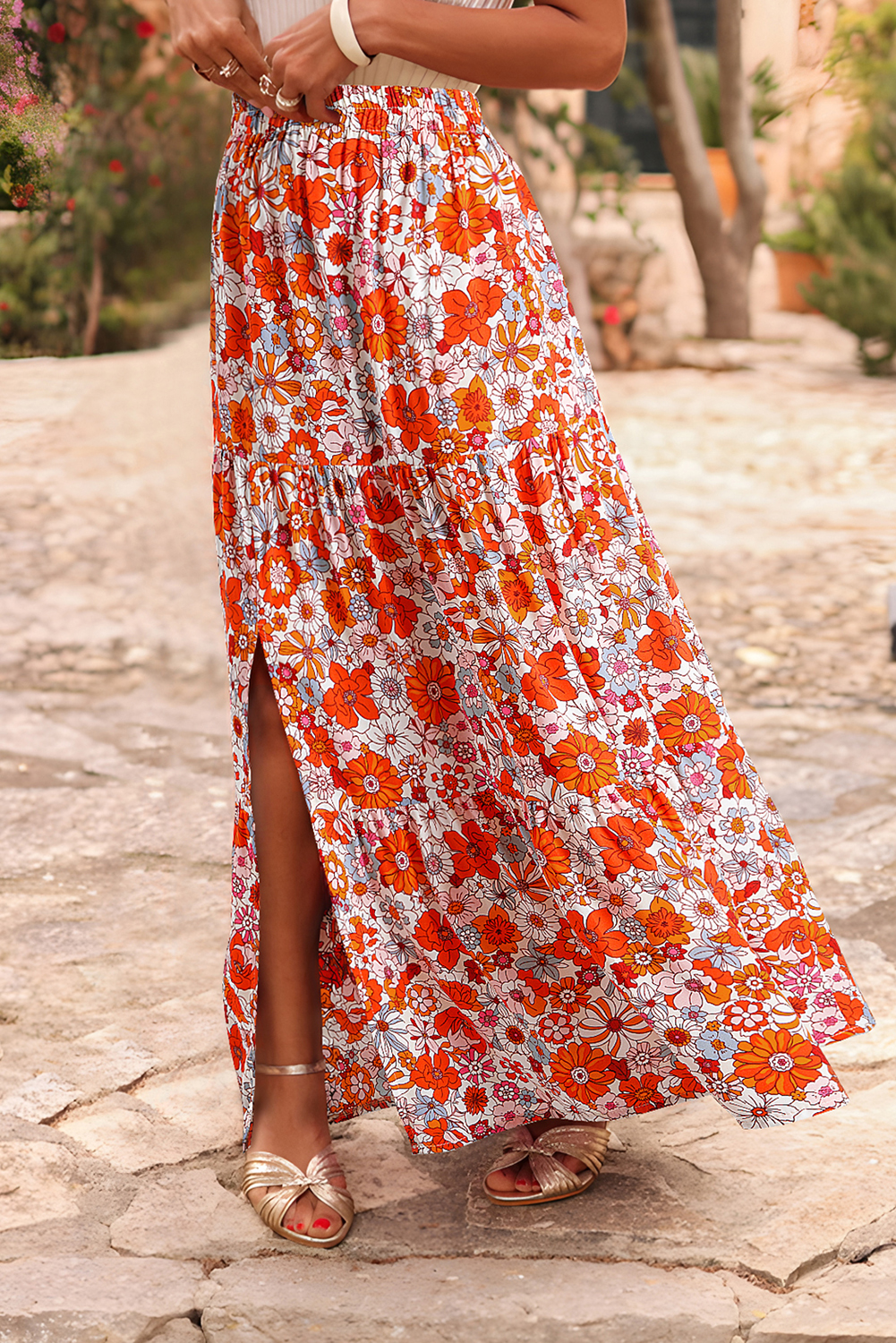 Orange Bohemian Floral Print Tiered Maxi Skirt with Split